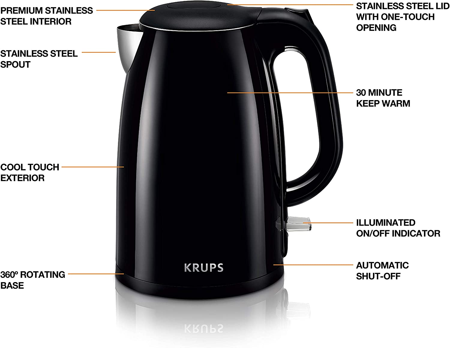 KRUPS BW260850 Cool-Touch Stainless Steel Double Wall Electric Kettle. 1.5L. 1.5 L. Black
