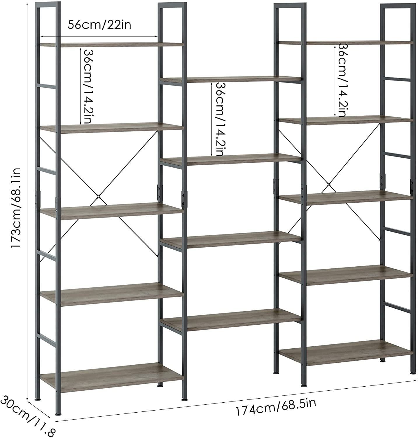 Homfa 5-Tier Large Bookshelf. Triple Wide Storage Shelf Home Furniture. Industrial Open Display Organizer Unit. Gray Finish