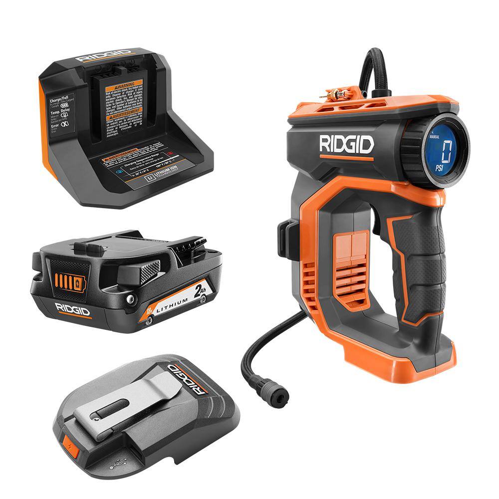 RIDGID R87044KN-AC86072B 18V Cordless High Pressure Inflator Kit with 2.0 Ah Battery. Charger. and USB Portable Power Source with Activate Button
