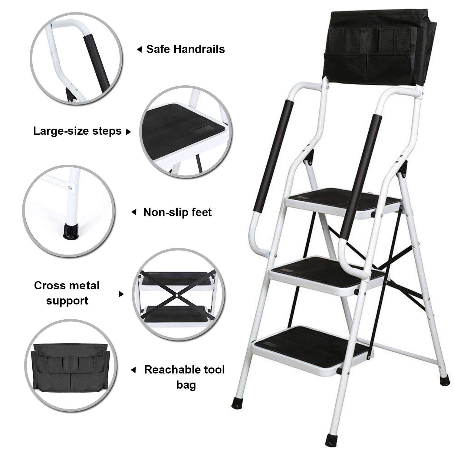 NSdirect Folding 3 Step Ladder. Portable Step Stool with Safety Handrails Non-Slip Wide Pedal and Tool Bag. 500 lb Capacity