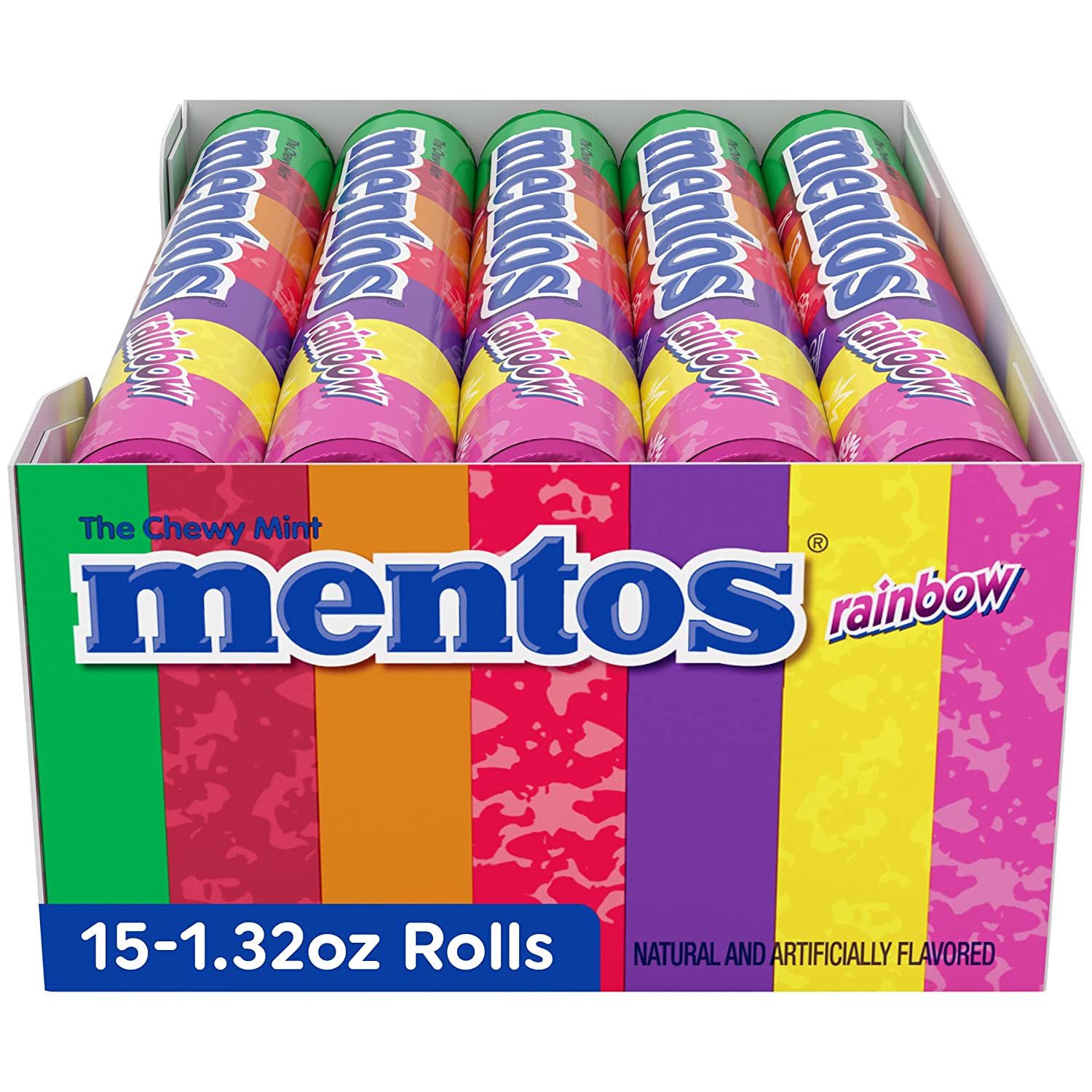 Mentos Chewy Mint Candy Roll. Rainbow. Non Melting. Party. 14 Pieces (Bulk Pack of 15)