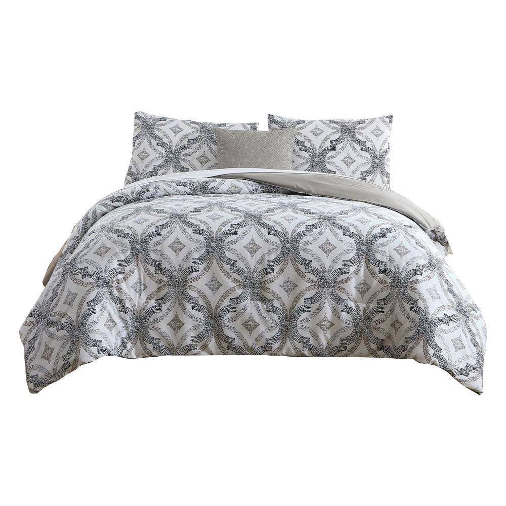 Benjara  Owen 8- Piece White and Gray Quatrefoil Print Microfiber Queen Bed Comforter Set