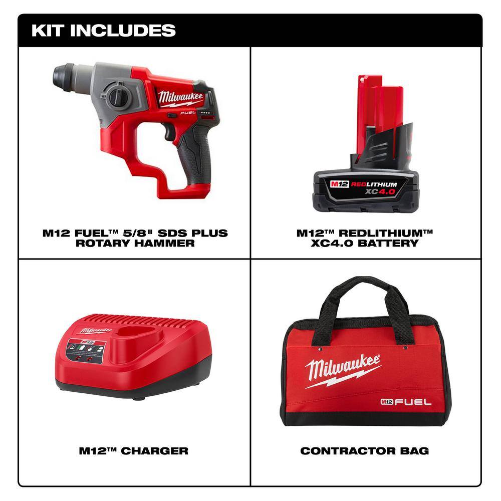 Milwaukee 2416-21XC M12 FUEL 12V Lithium-Ion Brushless Cordless 5/8 in. SDS-Plus Rotary Hammer Kit with One 4.0Ah Battery and Bag