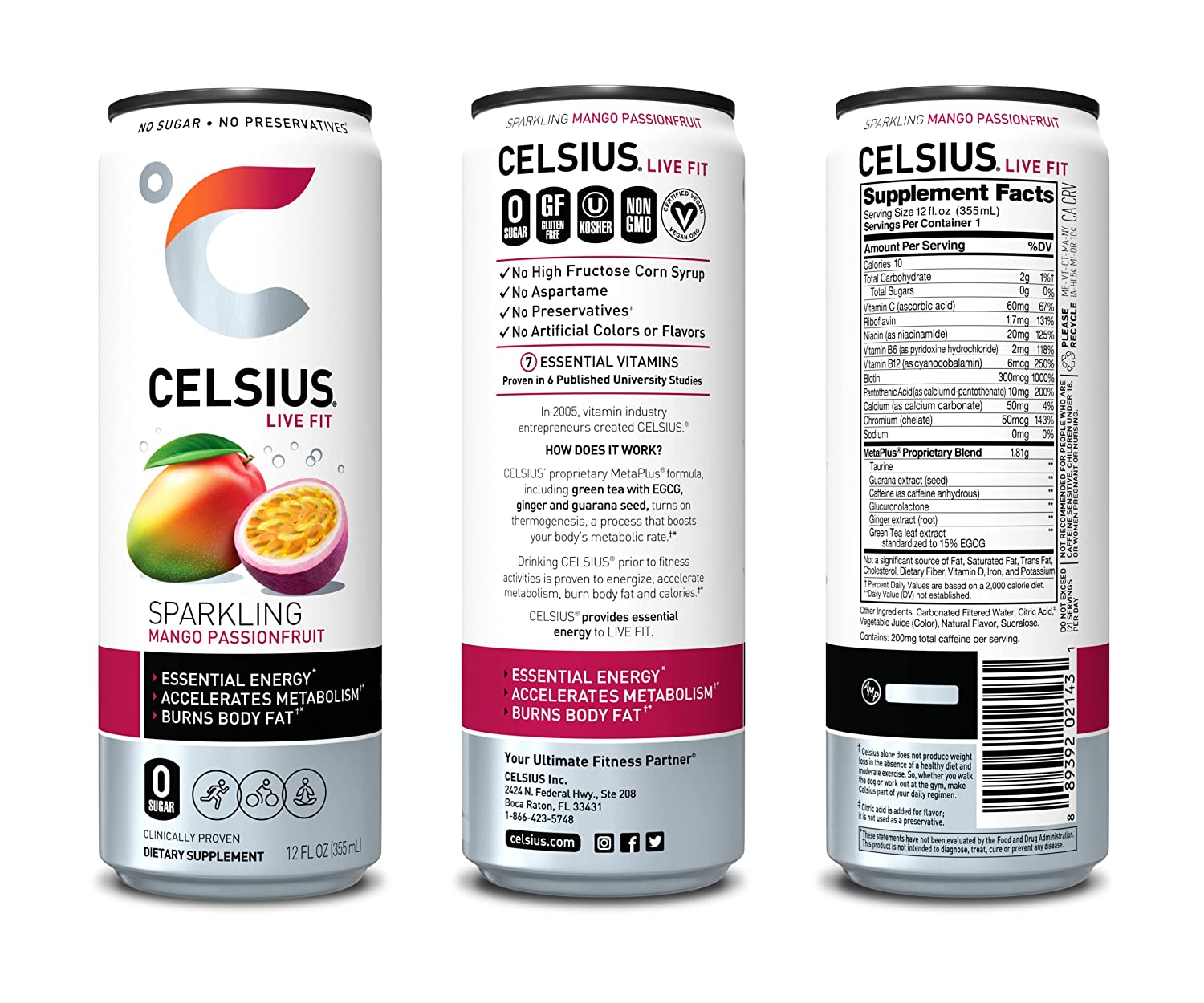 CELSIUS Essential Energy Drink 12 Fl Oz. Zero Sugar. Sparkling Mango Passionfruit (Pack of 12)