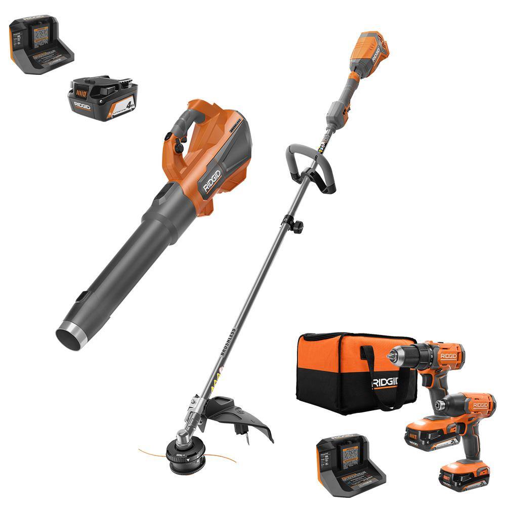 RIDGID R019001-R9272 18V Brushless Cordless String Trimmer. Leaf Blower. Drill/Driver and Impact Driver with (3) Batteries and (2) Chargers