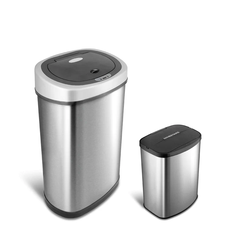 NINESTARS CB-DZT-50-9/8-1 Automatic Touchless Infrared Motion Sensor Trash Can Combo Set. 13 Gal 50L & 2 Gal 8L. Stainless Steel Base (Oval & Rectangular. Silver/Black Lid)