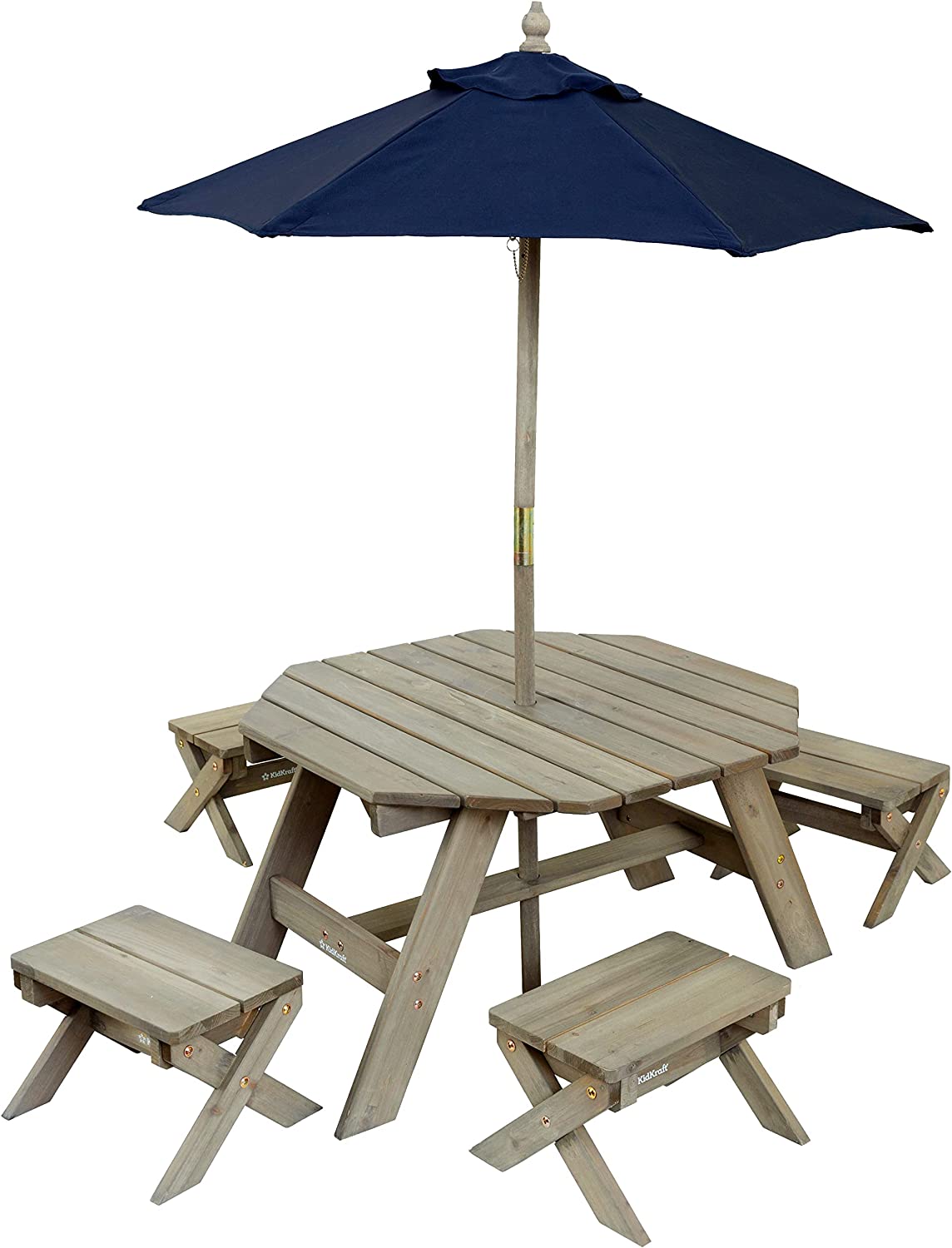 KidKraft Wooden Octagon Table. Stools & Umbrella Set. Kids' Outdoor Furniture. Barnwood Gray & Navy