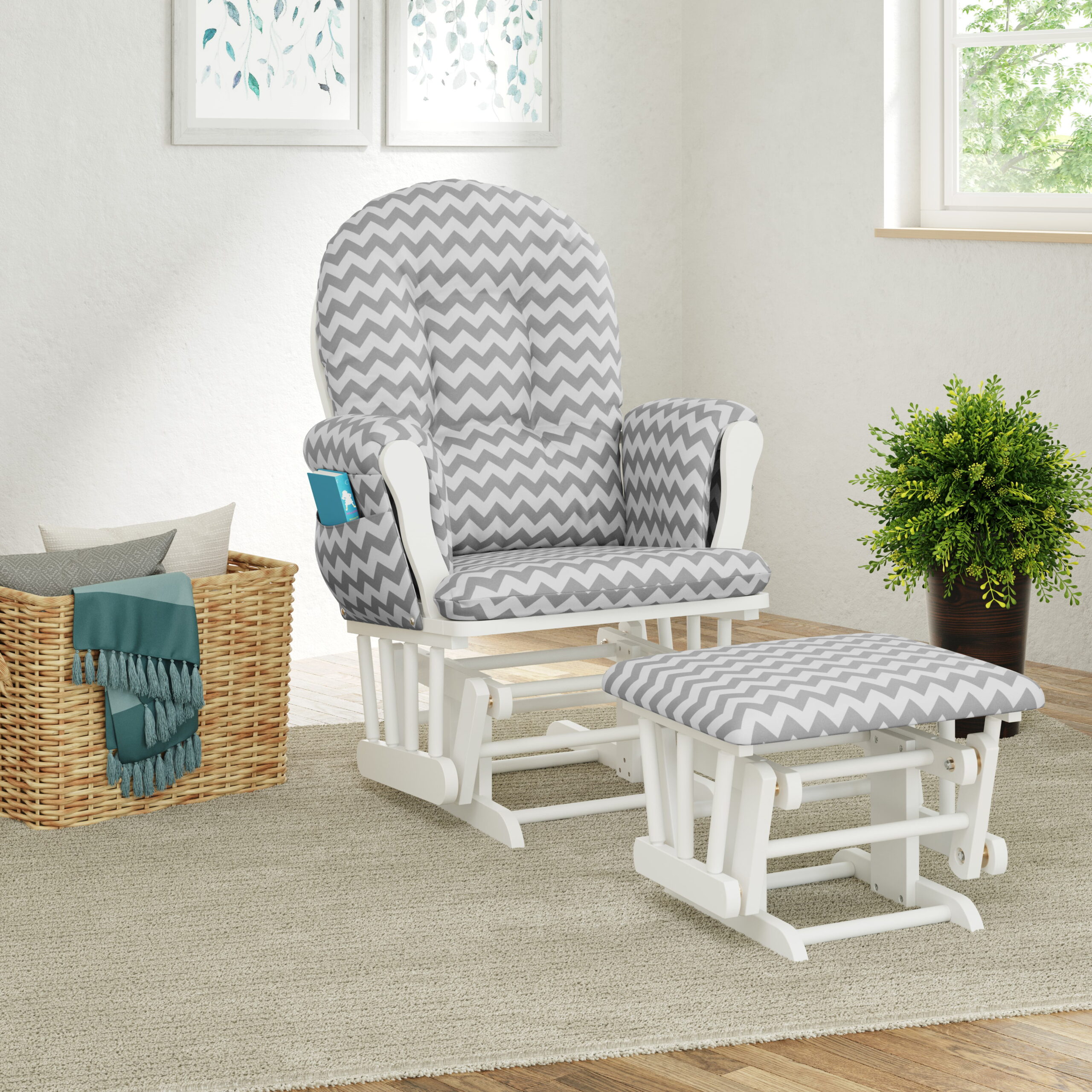 Storkcraft Hoop Nursery Glider and Ottoman. White with Gray Chevron