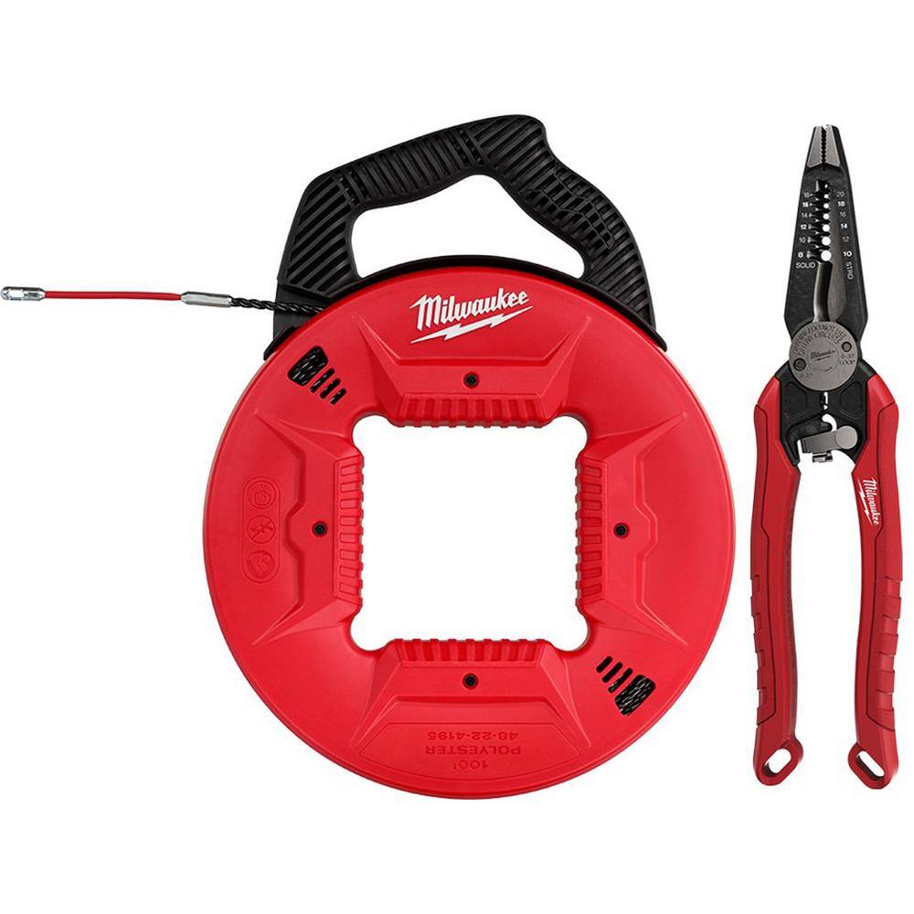 Milwaukee 48-22-4195-48-22-3078 100 ft. Polyester Fish Tape with Flexible Metal Leader with 7-in-1 Combination Wire Strippers Pliers