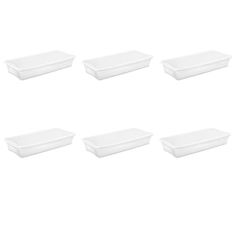 Sterilite 19608006 41 Quart/39 Liter Underbed Storage Box. Clear with White Lid. 6-Pack