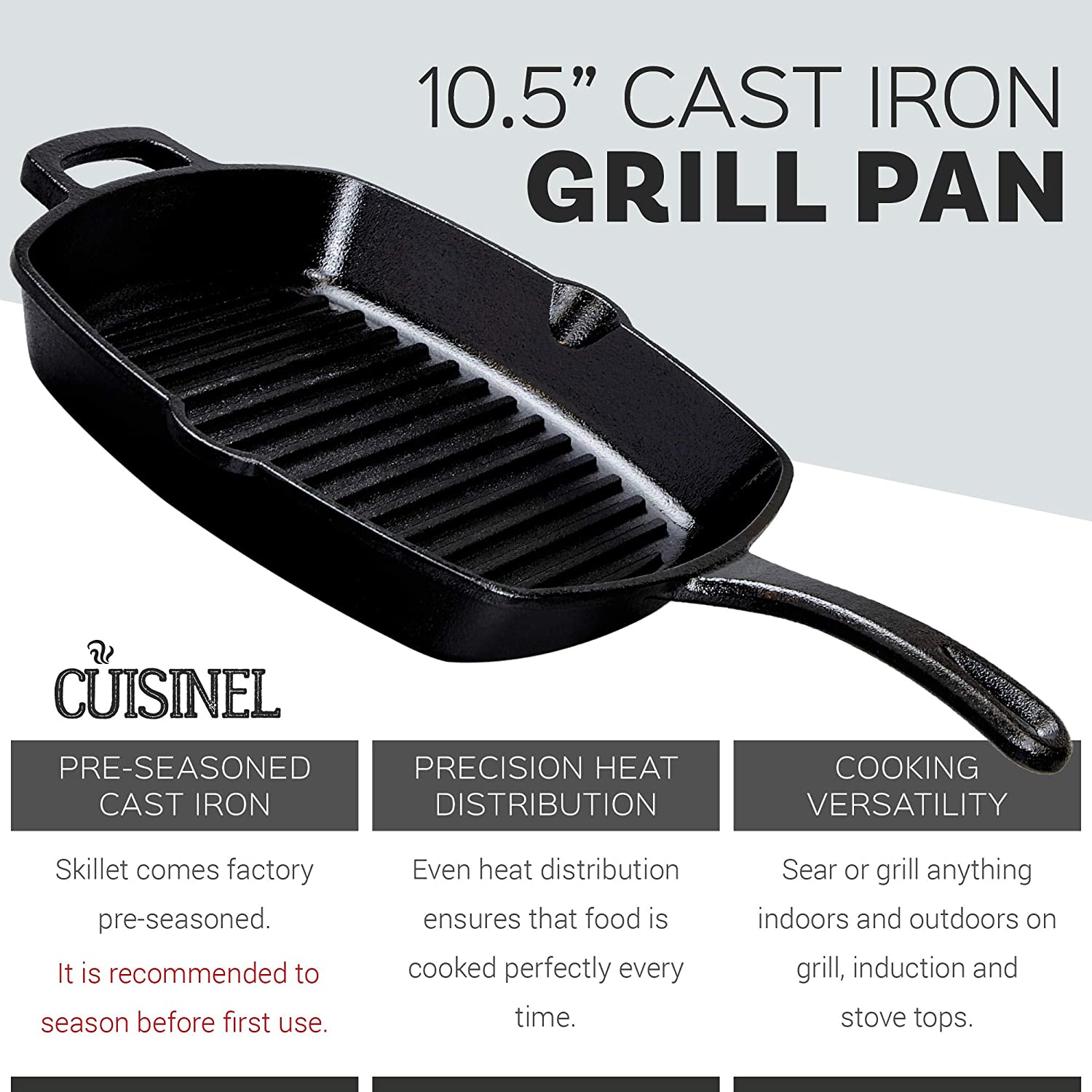 Cuisinel Cast Iron Square Grill Pan with Glass Lid - 10.5 Inch Pre-Seasoned Skillet with Handle Cover and Pan Scraper - Grill. Stovetop. Induction Safe - Indoor and Outdoor Use - for Grilling. Frying. Sauteing