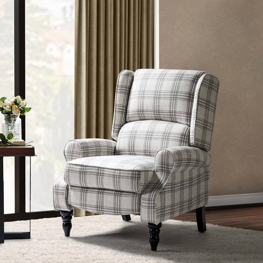JAYDEN CREATION  Bogazk Modern Plaid Grey Polyester Pattern Manual Recliner with Wingback and Rubber Wood Legs