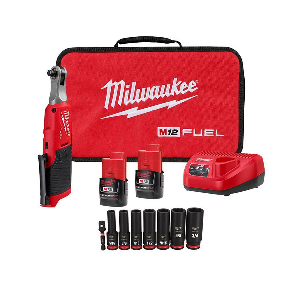 Milwaukee 2567-22-49-66-7024 M12 FUEL 12V Cordless High Speed 3/8 in. Ratchet Kit w/Impact Duty 3/8 in. SAE Deep Impact Rated Socket Set(8-Piece)