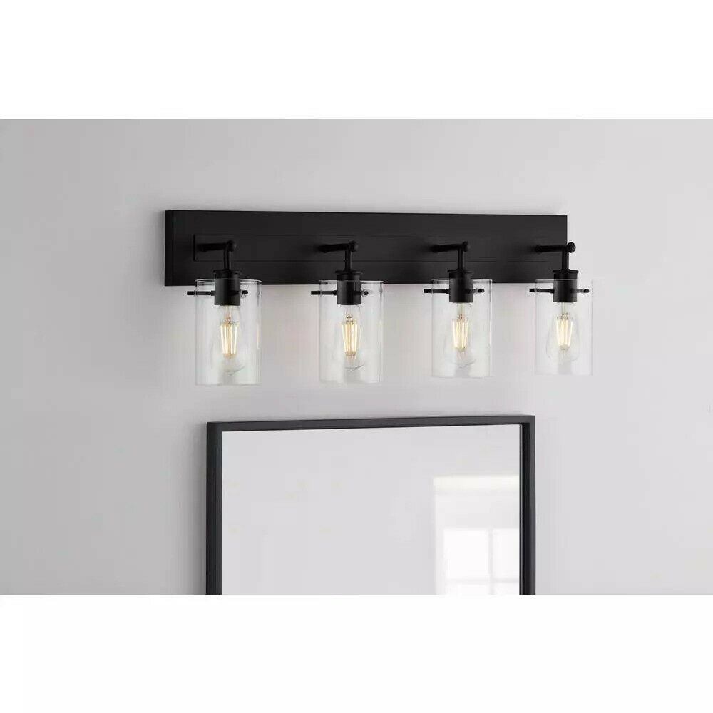 Hampton Bay Regan 29.25 in. 4-Light Matte Black Bathroom Vanity Light with Clear Glass Shades