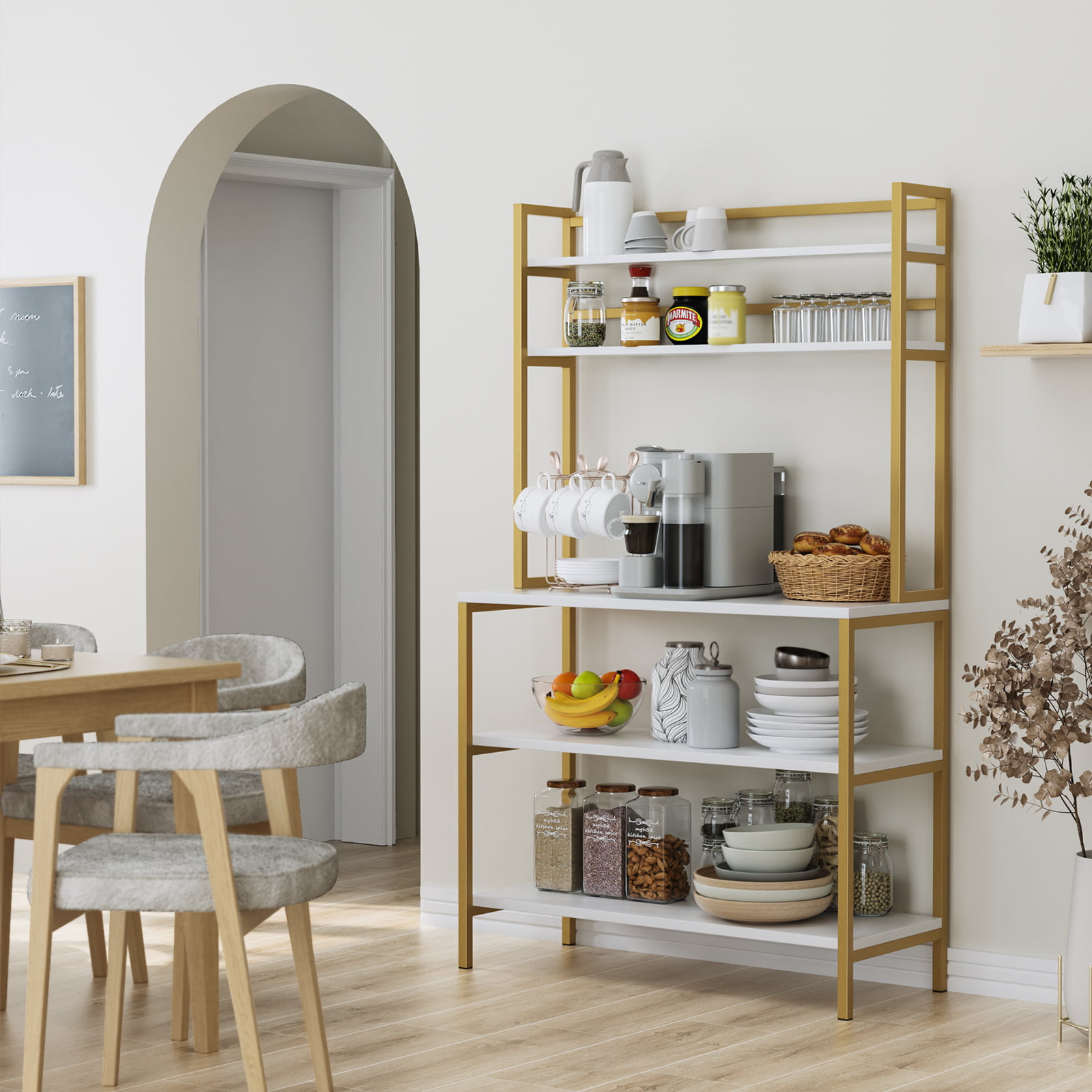 Homfa 5-Tier Kitchen Bakers Rack with Hutch. Gold Framed Microwave Oven Stand Storage Shelf. White Finish