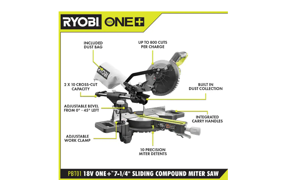 RYOBI Miter Saw PBT01B ONE+ 18V Cordless 7-1/4 in. Sliding Compound