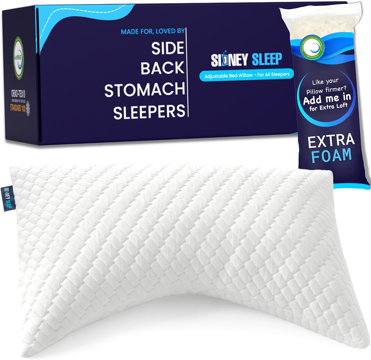 Sidney Sleep Bed Pillow for Side and Back Sleepers - Adjustable Filling - Memory Foam Pillow for Neck and Shoulder Pain - Customizable Loft - Queen Size - Additional Foam Bag Included (Queen. White)