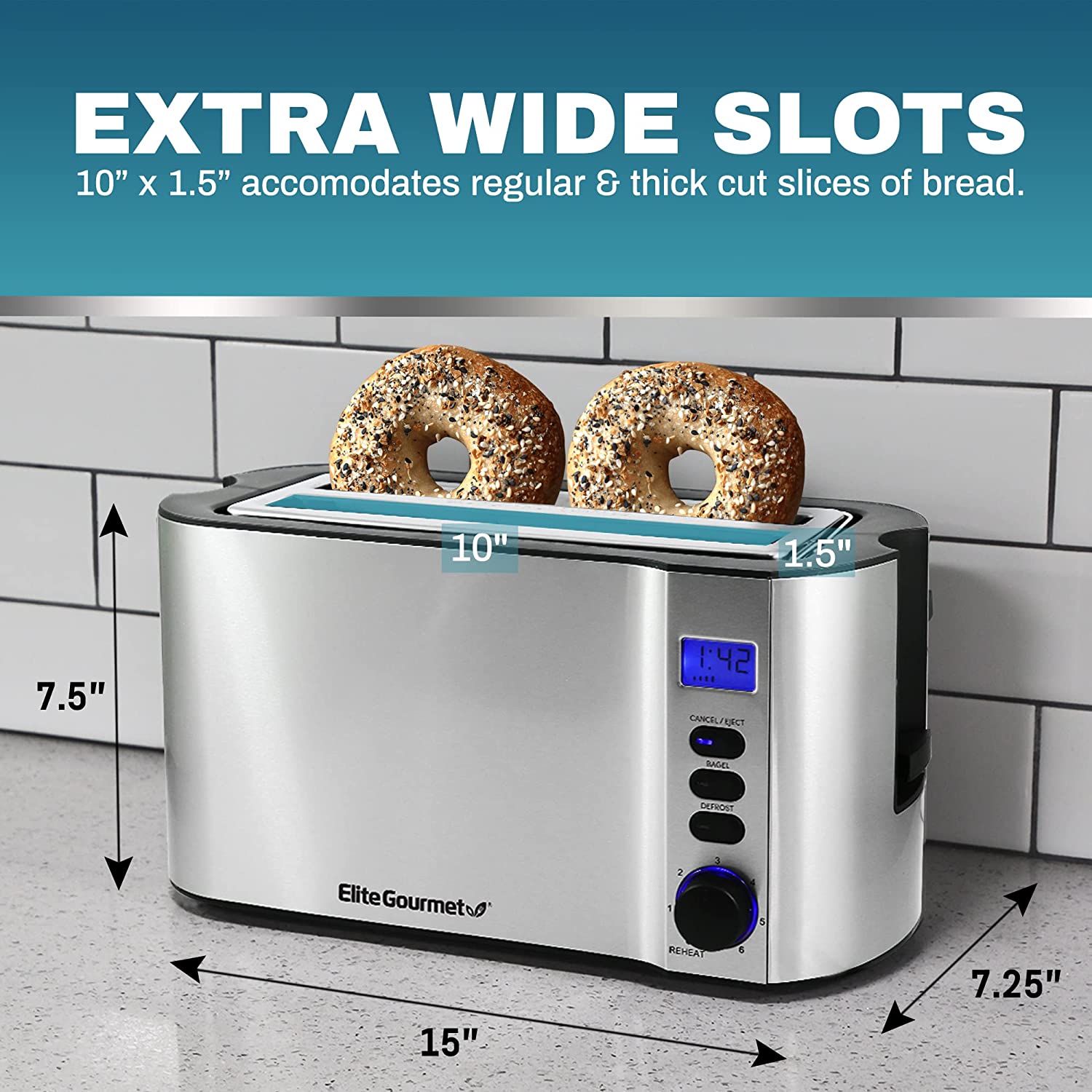 Elite Gourmet ECT4400B# Long Slot 4 Slice Toaster. Countdown Timer. Bagel Function. 6 Toast Setting. Defrost. Cancel Function. Built-in Warming Rack. Extra Wide Slots for Bagel Waffle. Stainless Steel