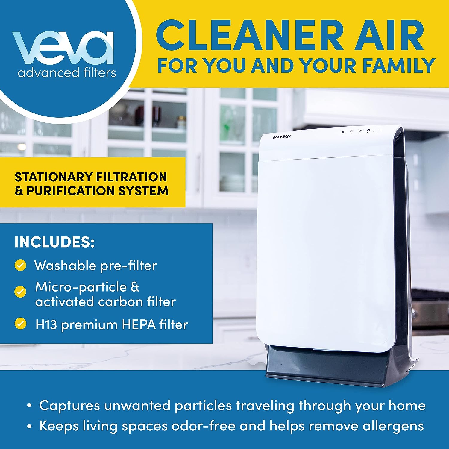 VEVA Air Purifier Large Room - ProHEPA 9000 Premium Air Purifiers for Allergies. Smoke. Dust. Pet Dander & Odor with H13 Washable Filters - White
