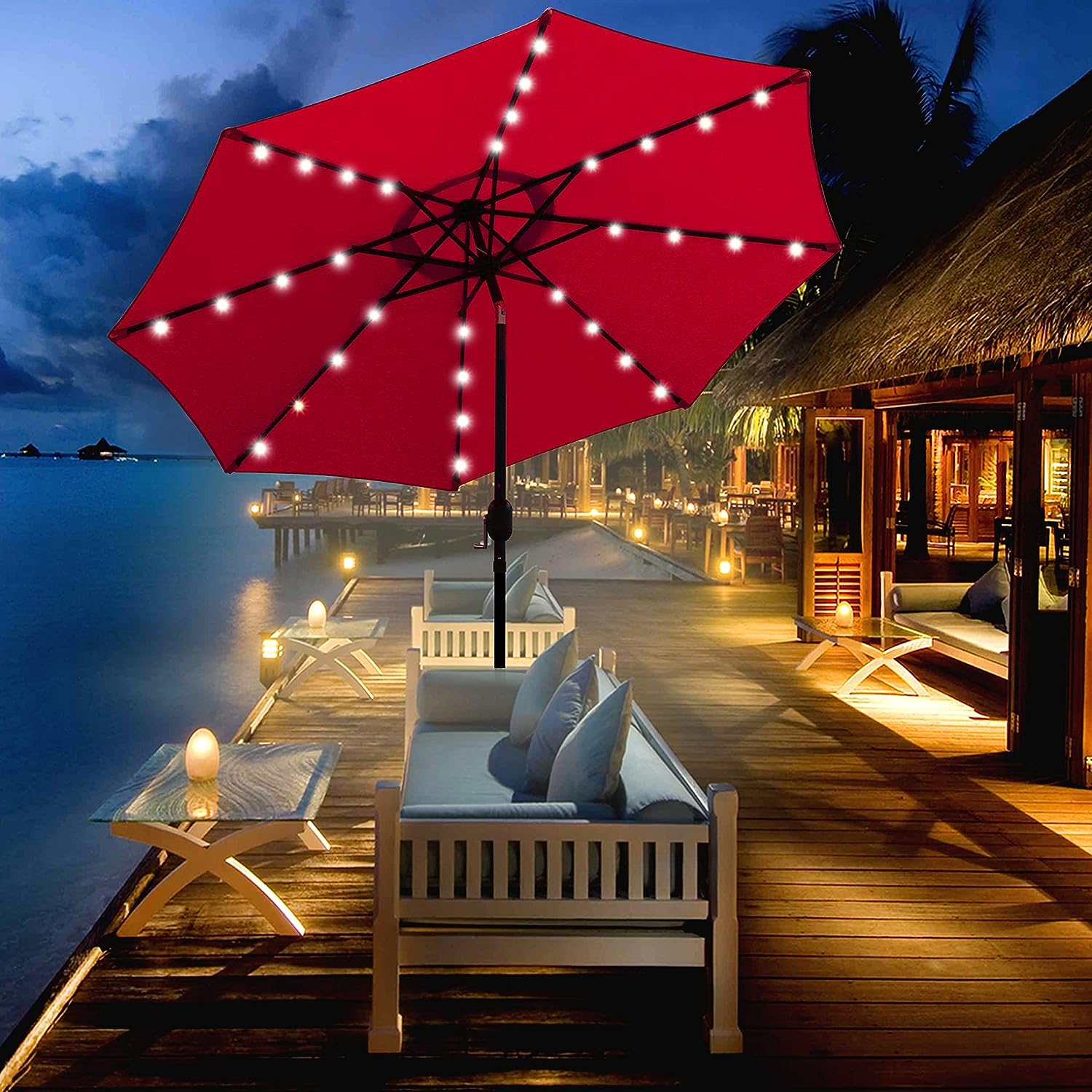 Blissun 9 ft Solar Umbrella 32 LED Lighted Patio Umbrella Table Market Umbrella with Tilt and Crank Outdoor Umbrella for Garden. Deck. Backyard. Pool and Beach (Red)