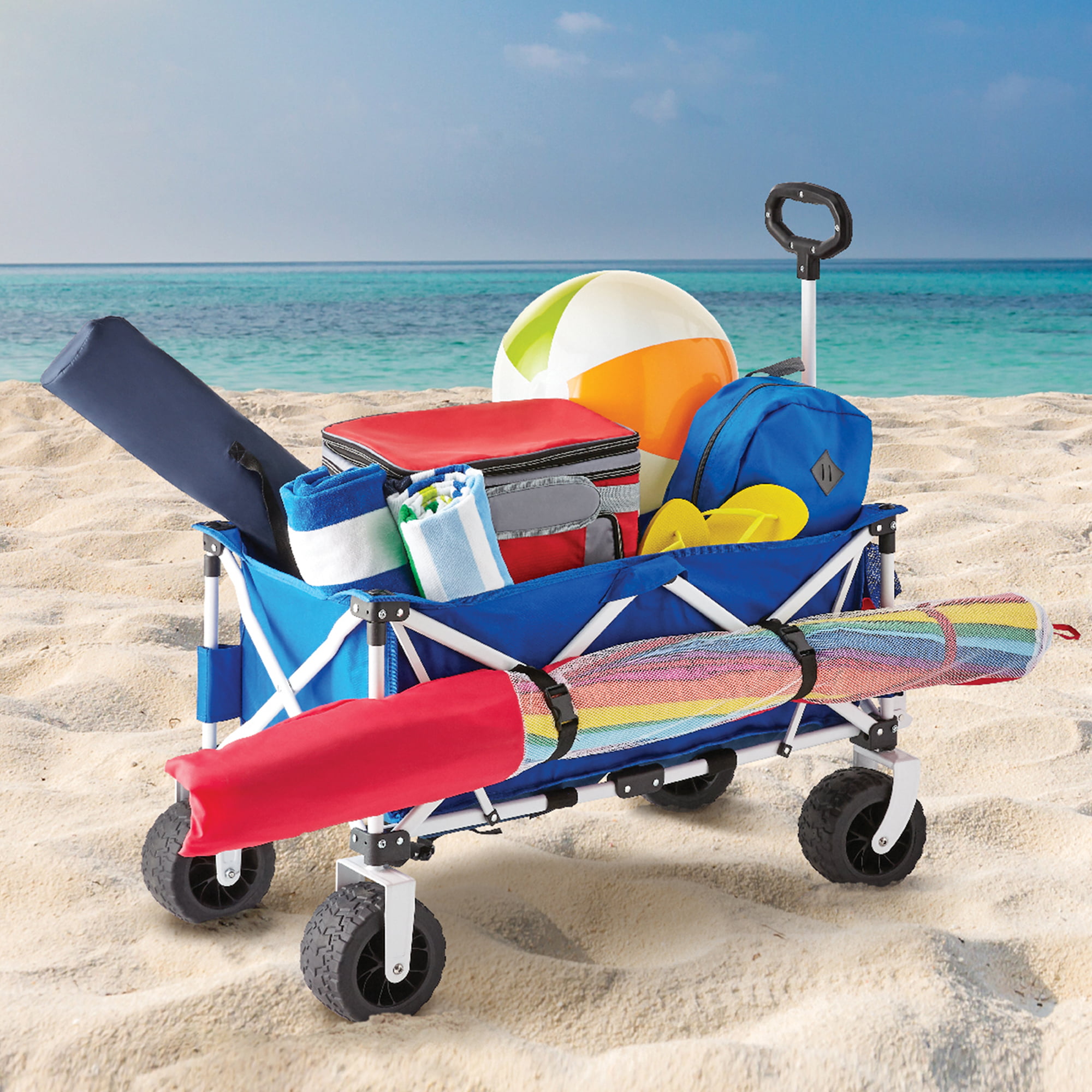 Mainstays Folding All-Terrain Wide-Track Wheeled Beach Wagon. Blue