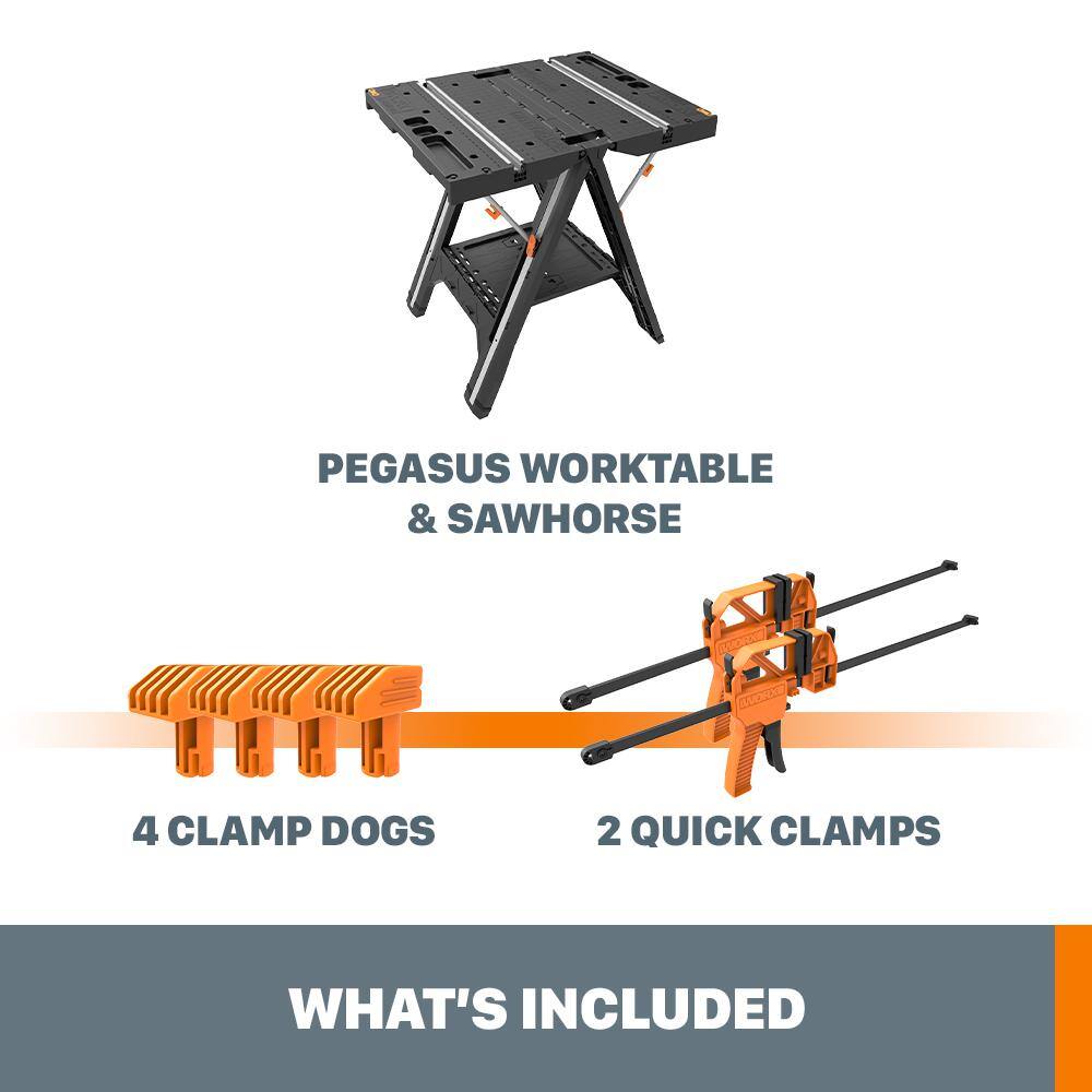 Worx WX051 Pegasus Multi-Function Work Table and Sawhorse with Quick Clamps and Holding Pegs
