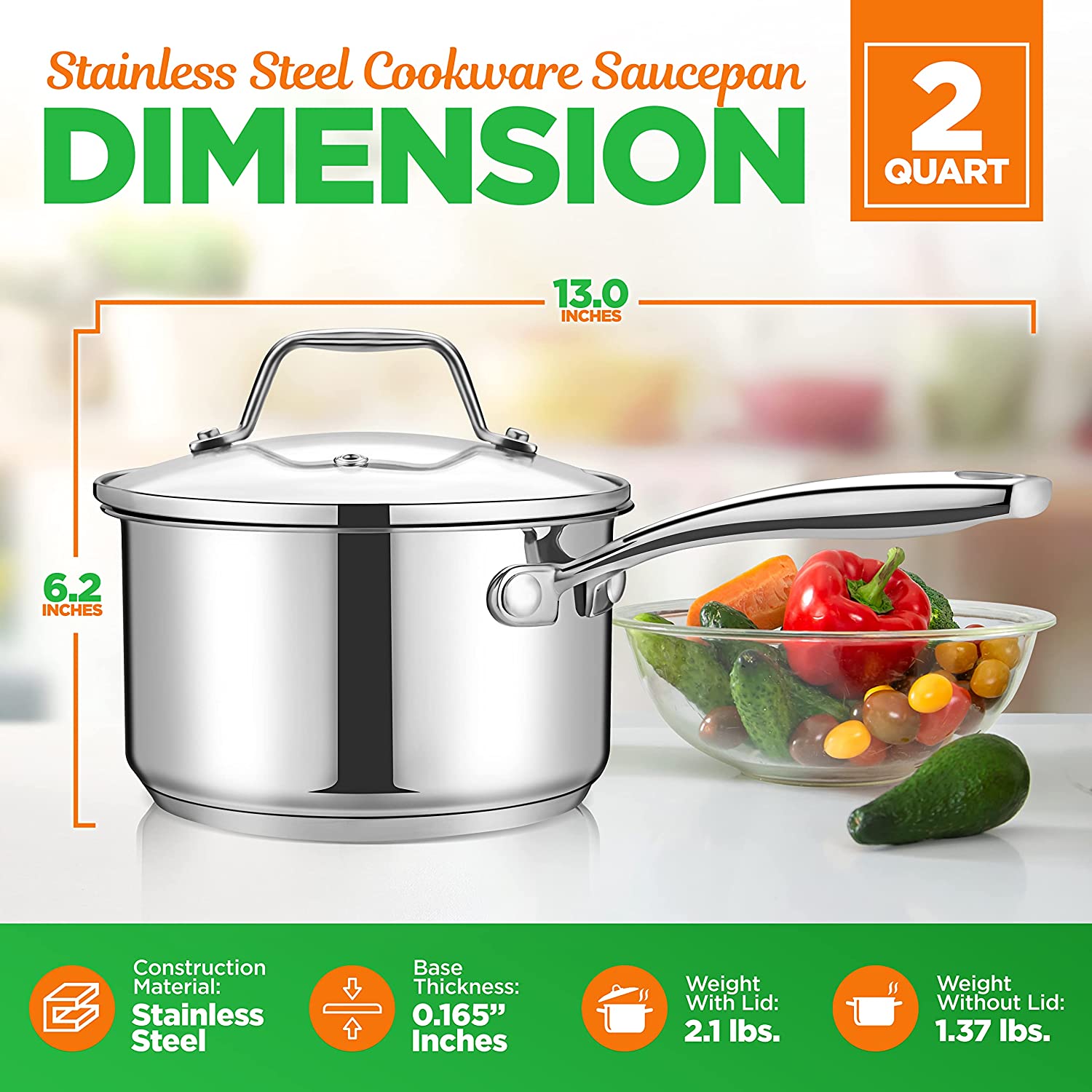 NutriChef 2-Quart Stainless Steel Saucepan - 18/8 Food Grade Heavy Duty Cookware. Sauce Pot. Stew Pot. Simmering Pot Kitchenware w/ See Through Lid. Dishwasher Safe. For Induction Gas Ceramic Cooktops