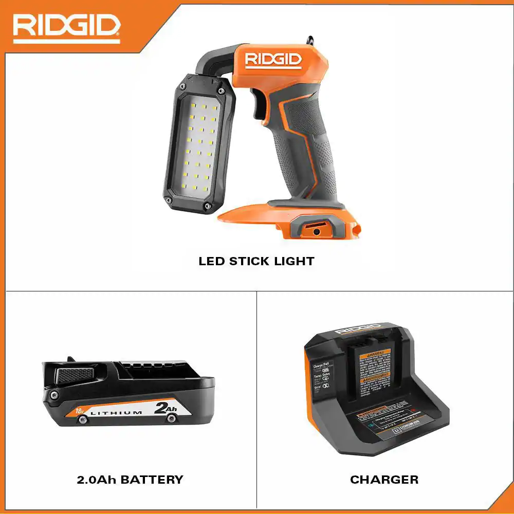 RIDGID R8696KN 18V Cordless LED Stick Light Kit with 2.0 Ah Battery and Charger