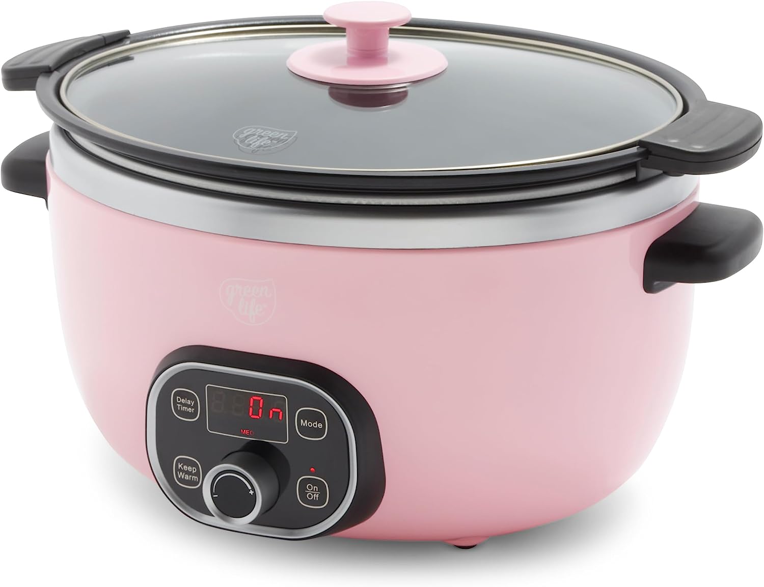 GreenLife Cook Duo Healthy Ceramic Nonstick Programmable 6 Quart Family-Sized Slow Cooker. PFAS-Free. Removable Lid and Pot. Digital Timer. Dishwasher Safe Parts. Pink
