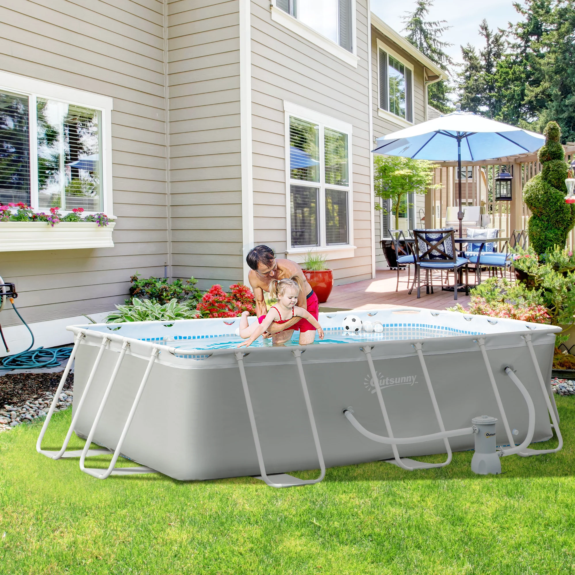 Outsunny 10ft x 6ft x 32in Outdoor Rectangular Frame Pool Above Ground Swimming Pool with Filter Pump and Filter Balls. Light Grey