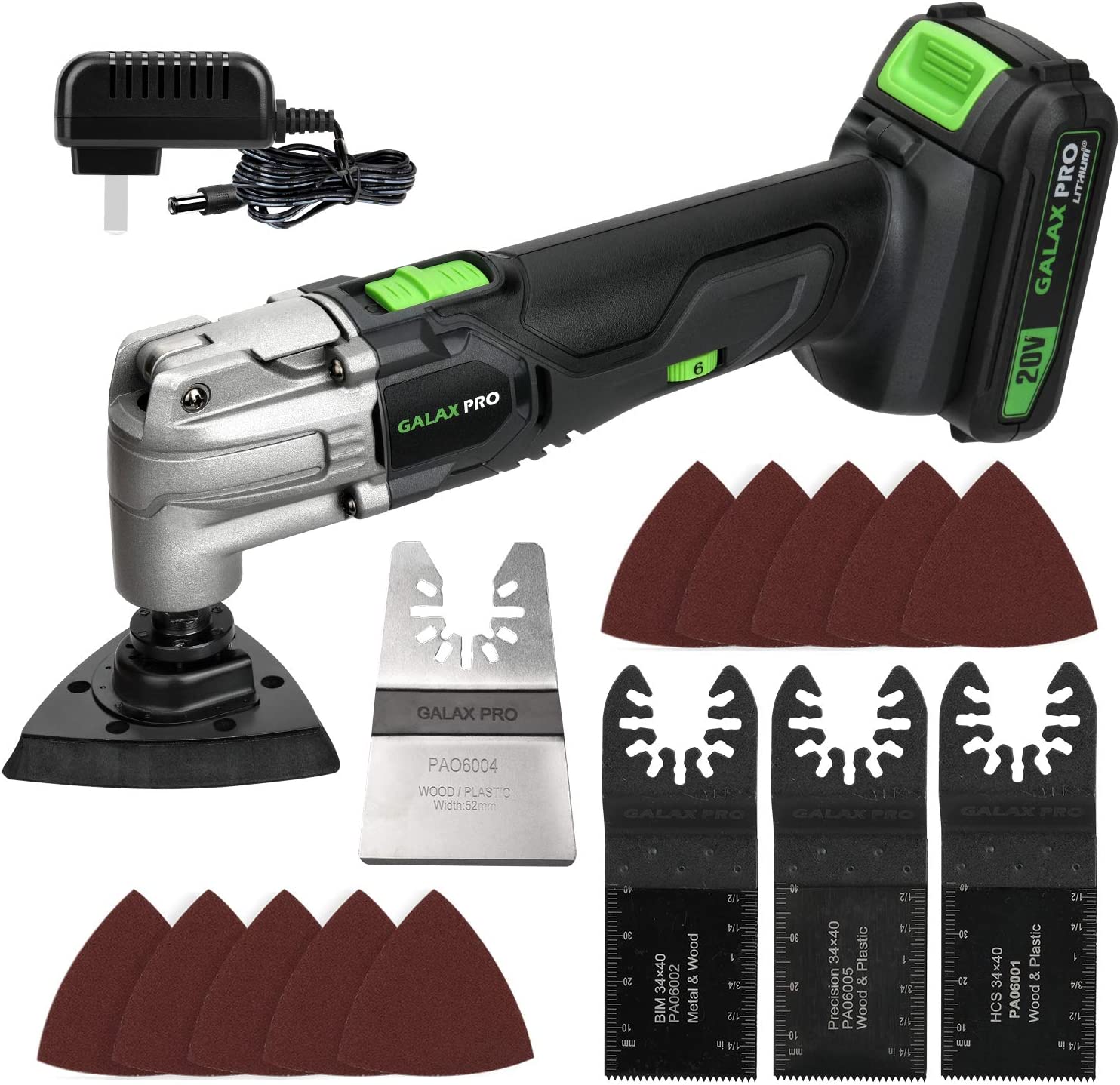 GALAX PRO Oscillating Tool. 20V Lithium Ion Cordless Oscillating Multi Tool with 1.3Ah Battery and Charger. 3pcs Blade and 10pcs Sanding Papers for Sanding. Grinding
