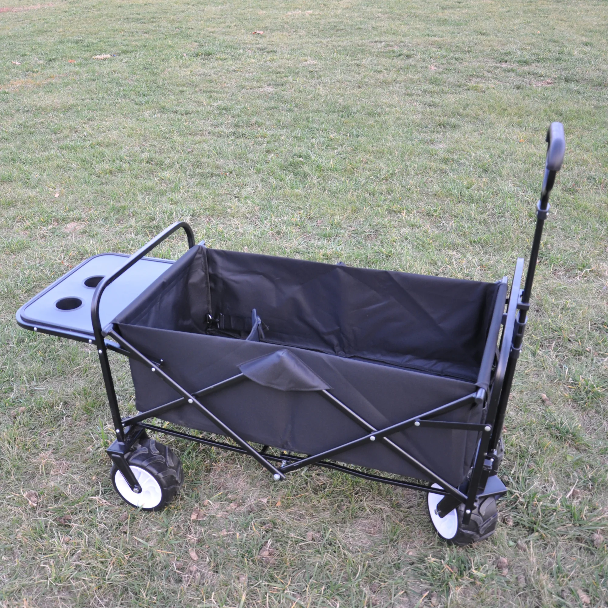 Folding wagon Collapsible Outdoor Utility Wagon. Heavy Duty Folding Garden Portable Hand Cart. Drink Holder. Black 49.2 x 20.5 x 37.79 in