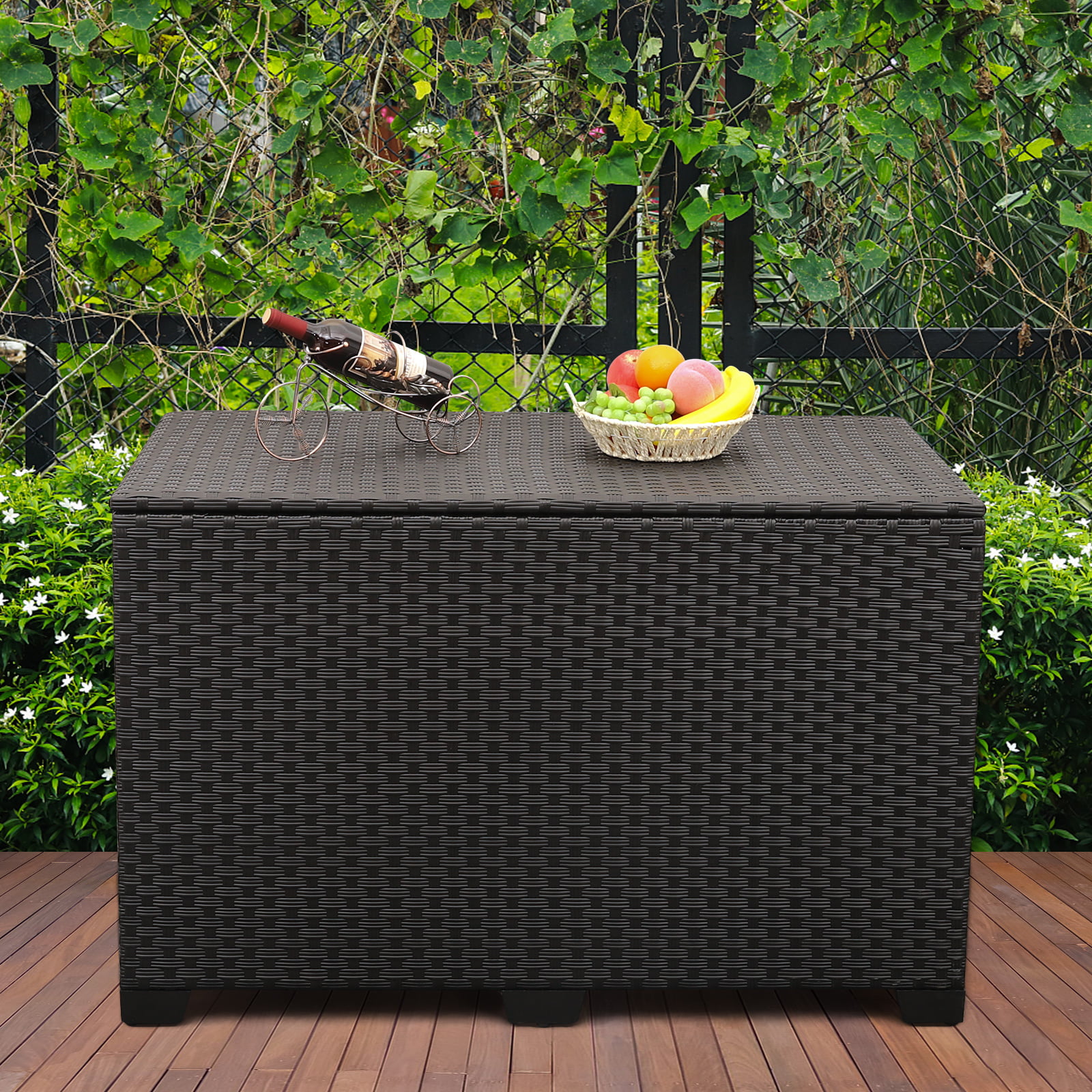 Waroom Outdoor Wicker Storage Box. 150gal Waterproof Deck Bin with Steel Frame and Lid. Black