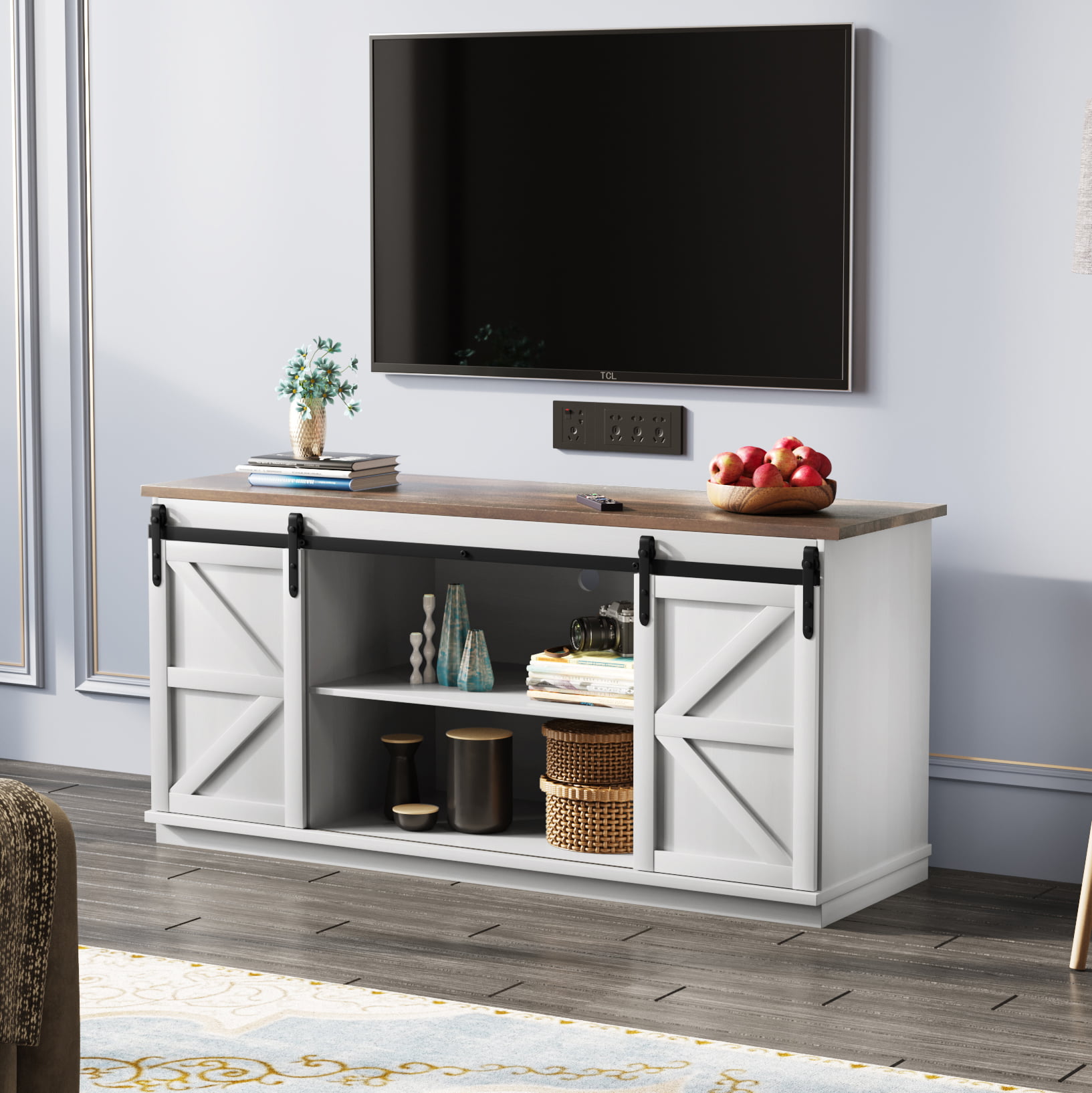 Furmax Modern Farmhouse Barn Door TV Stand for TVs up to 65″. White