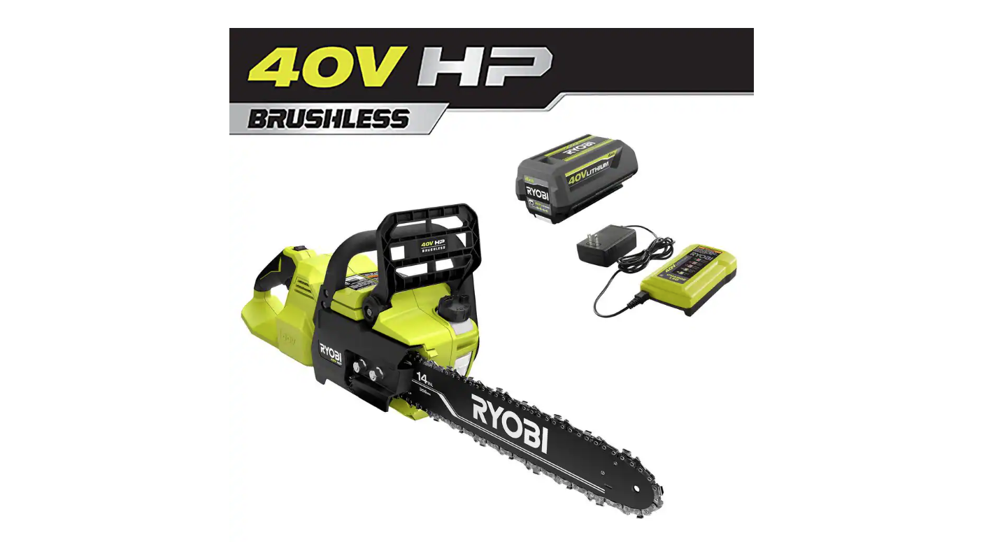RYOBI RY405100 40V HP Brushless 14 in. Electric Cordless Chainsaw with 4.0 Ah Battery and Charger