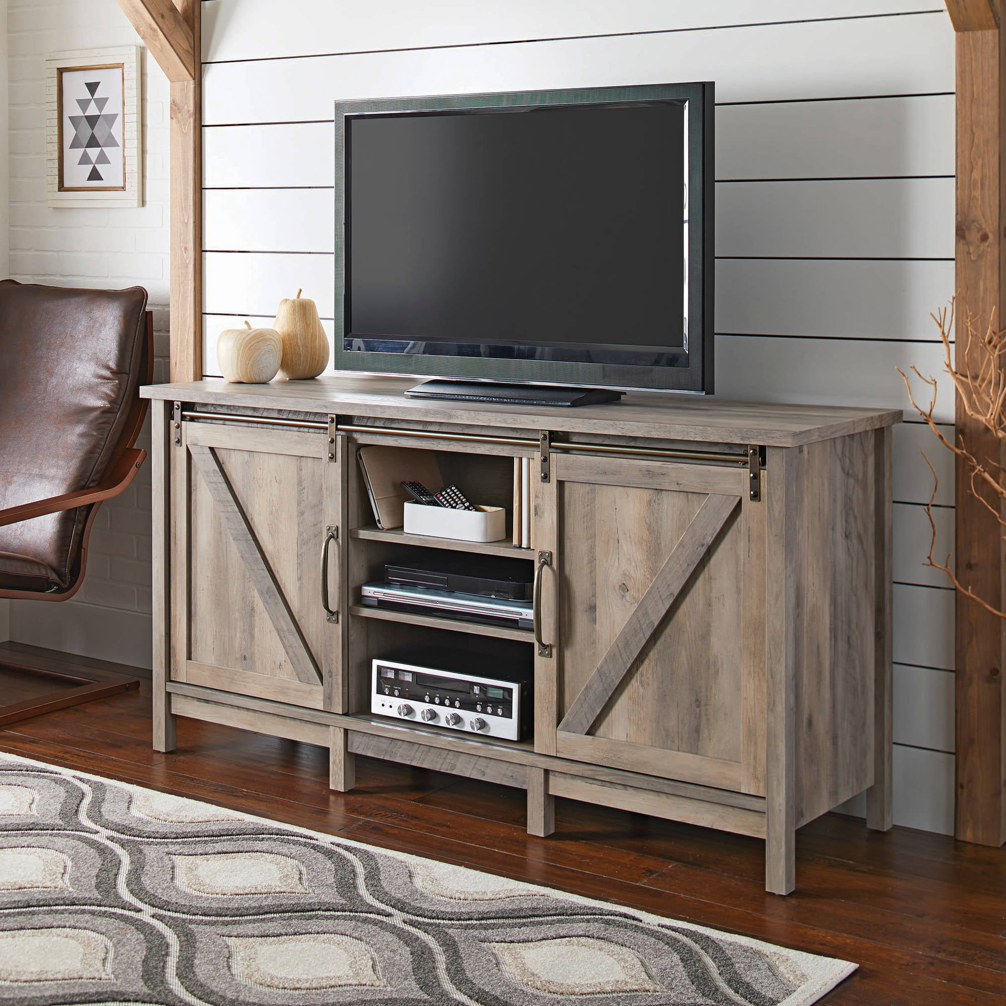 Better Homes & Gardens Modern Farmhouse TV Stand for TVs up to 70″. Rustic Gray Finish