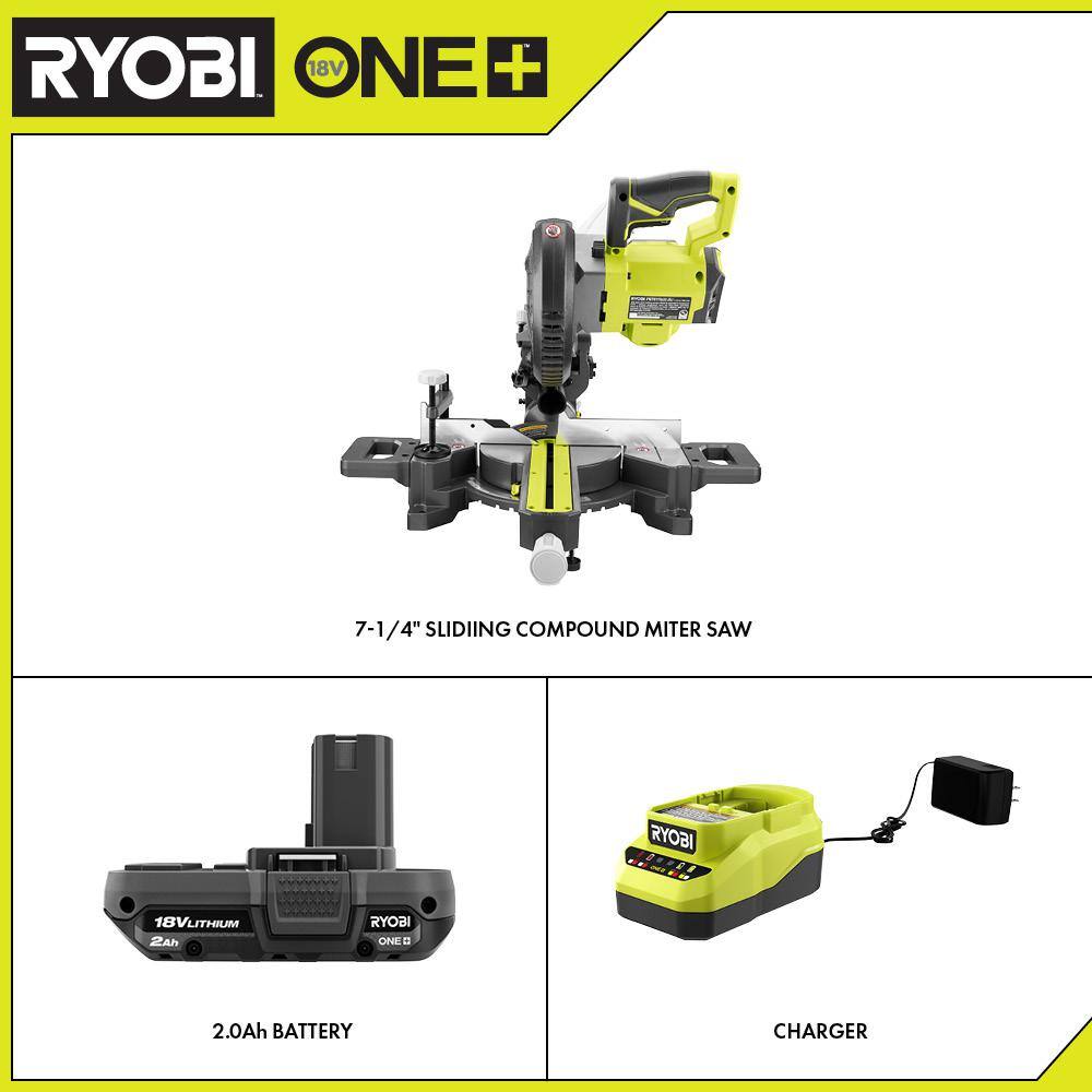 RYOBI PBT01B-PSK005 ONE+ 18V Cordless 7-1/4 in. Sliding Compound Miter Saw with 2.0 Ah Battery and Charger