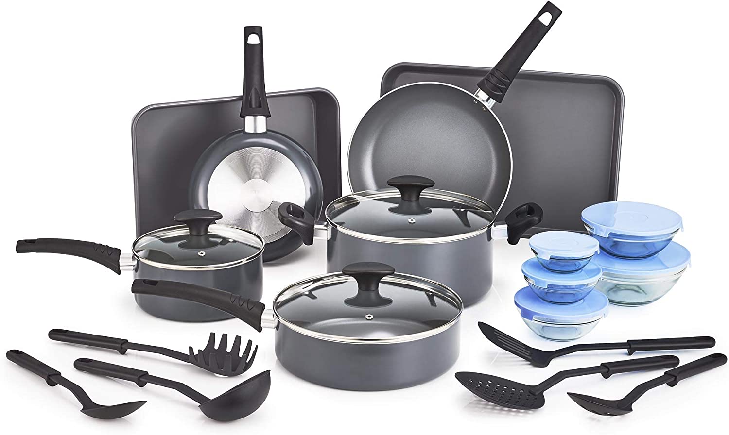 BELLA Nonstick Cookware Set with Glass Lids - Aluminum Bakeware. Pots and Pans. Storage Bowls & Utensils. Compatible with All Stovetops. 21 Piece. Black