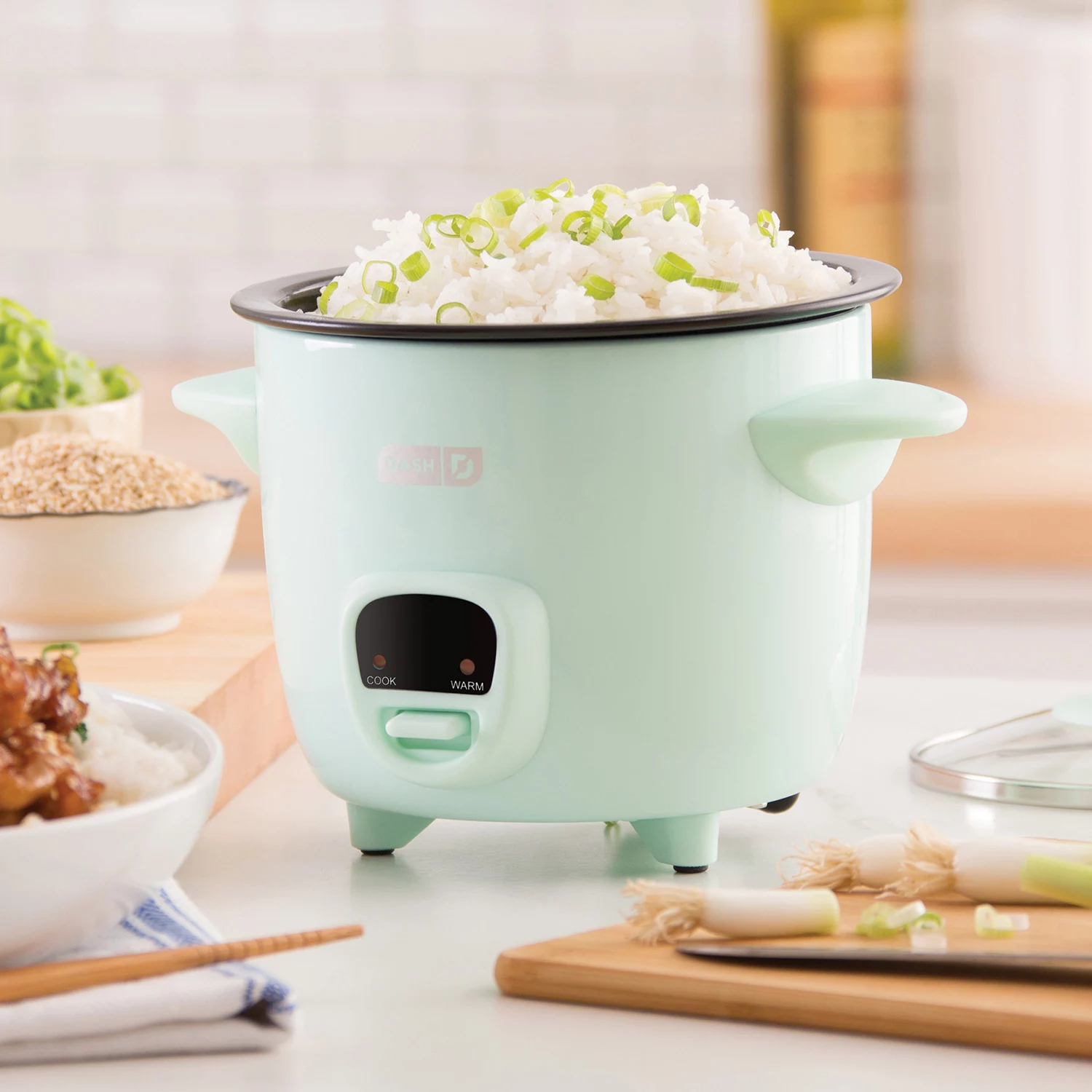 Dash Mini 2-Cup Rice Cooker with Keep Warm Function. Aqua