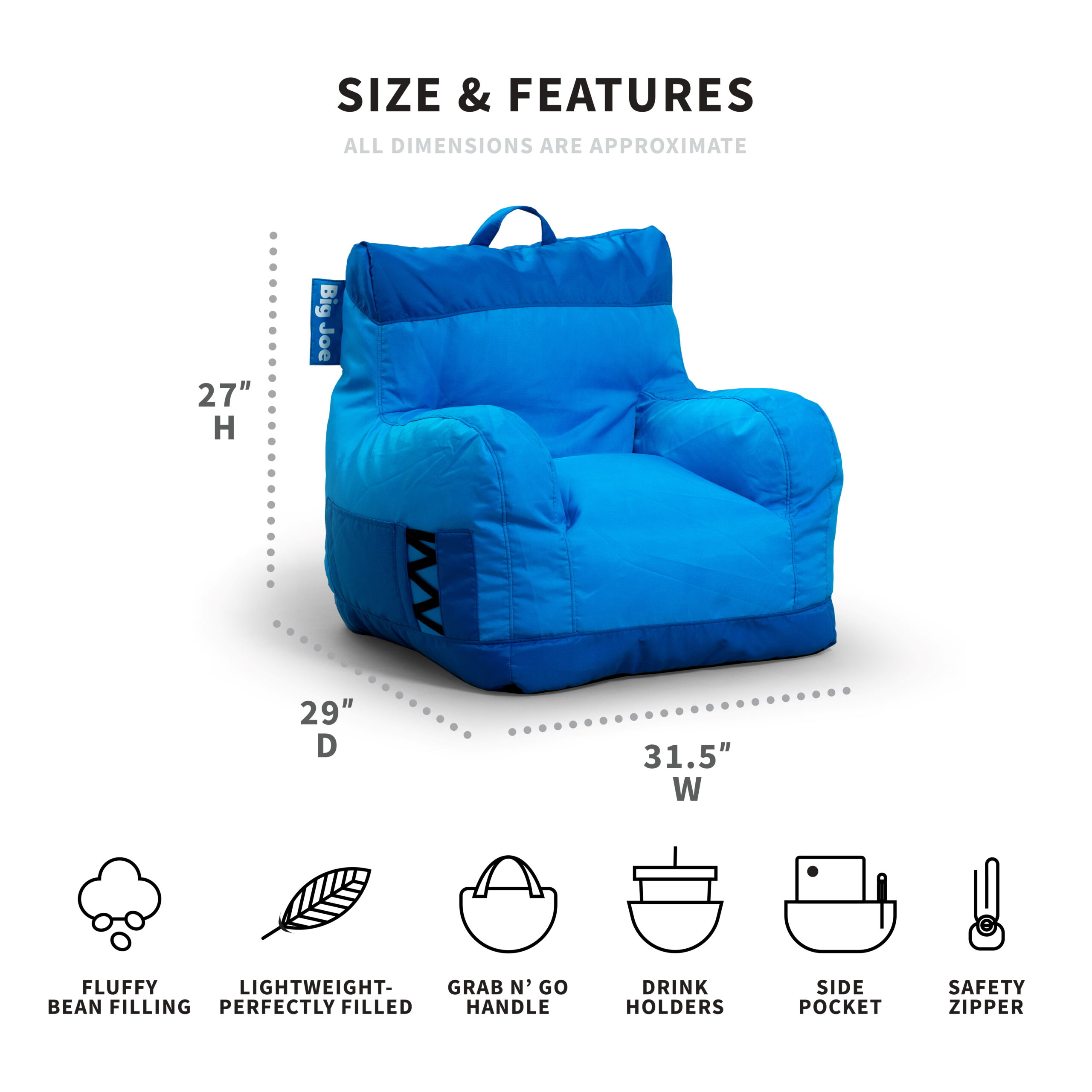 Big Joe Dorm Bean Bag Chair. Kids/Teens. Smartmax 3ft. Two Tone Blue