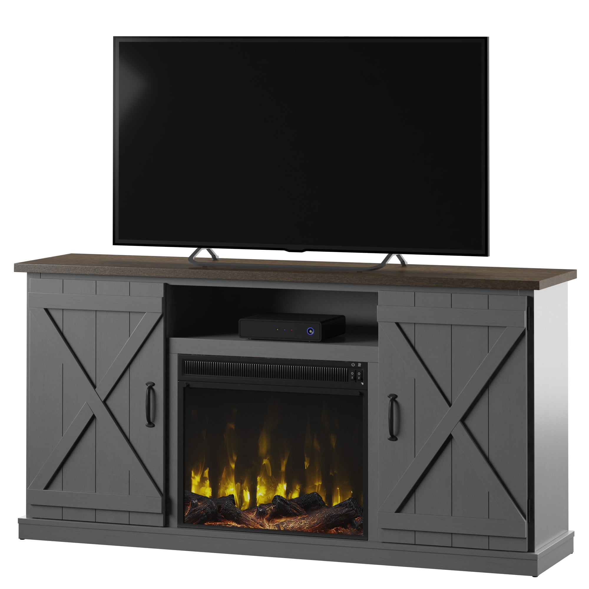 Twin Star Home Barn Door TV Stand for TVs up to 70 inches with ClassicFlame Electric Fireplace. Antique Gray