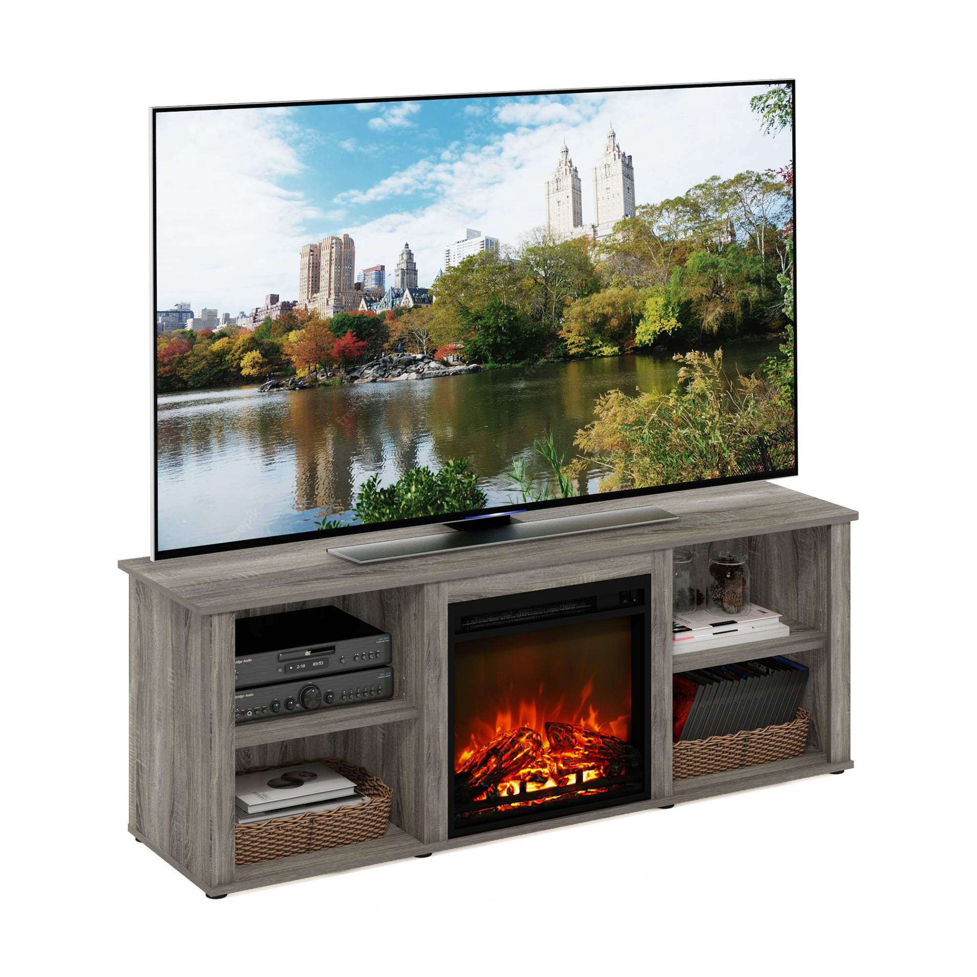 Furinno Montale 60 Inch TV Stand with Fireplace. French Oak Grey
