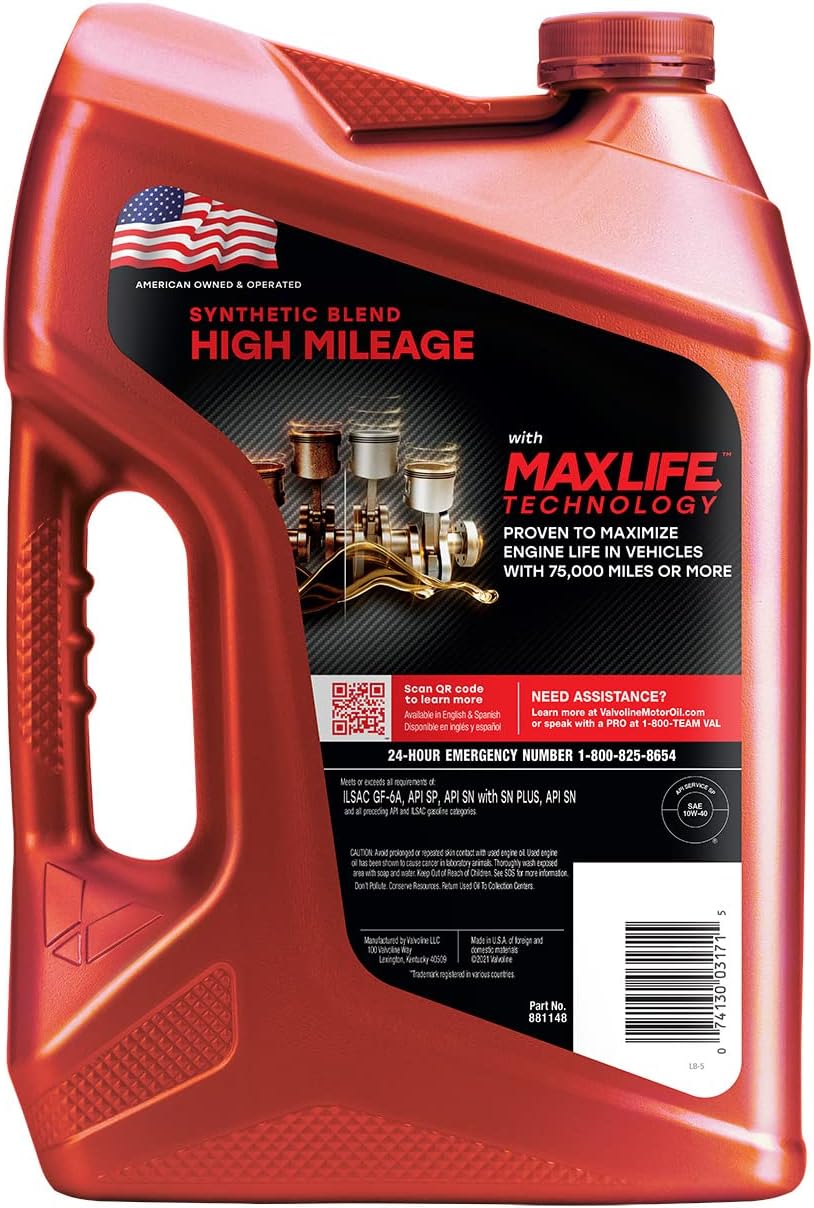 Valvoline High Mileage with MaxLife Technology SAE 10W-40 Synthetic Blend Motor Oil 5 QT
