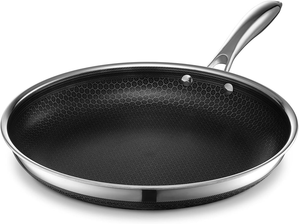 HexClad 12 Inch Hybrid Nonstick Frying Pan. Dishwasher and Oven Friendly. Compatible with All Cooktops