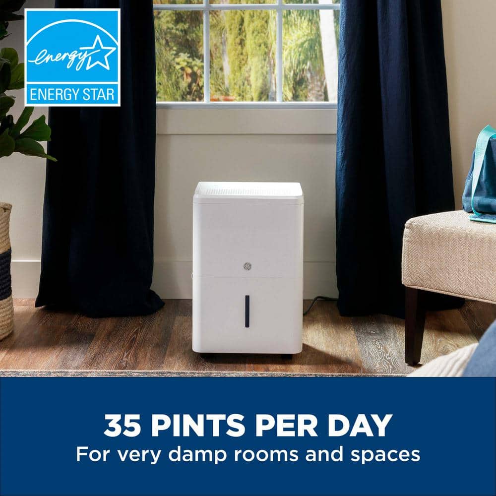 GE ADHL35LA 35 pt. Dehumidifier with Smart Dry for Bedroom. Basement or Very Damp Rooms up to 3000 sq. ft. in White. ENERGY STAR
