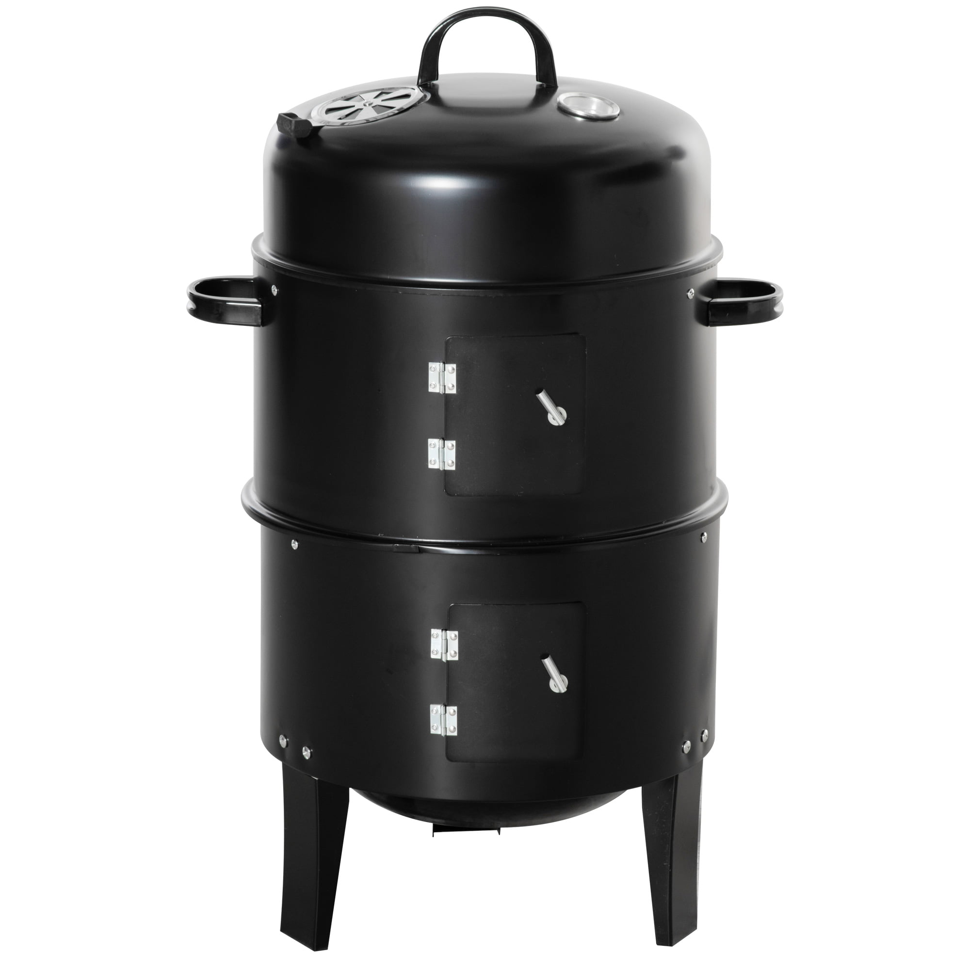 Outsunny Vertical Charcoal BBQ Smoker. 3-in-1 16″ Round Charcoal Barbecue Grill with 2 Cooking Area. and Thermometer for Outdoor Camping Picnic Backyard Cooking. Black