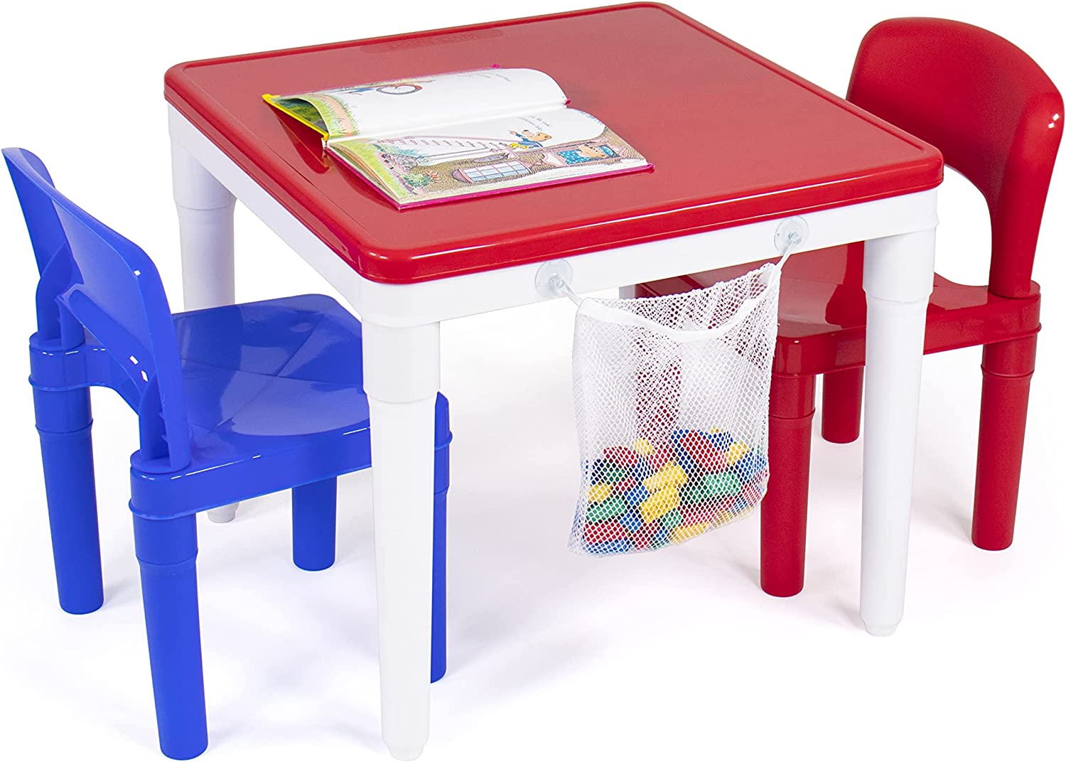 Humble Crew. White/Blue/Red Kids 2-in-1 Plastic Building Blocks-Compatible Activity Table and 2 Chairs Set. Square. Toddler