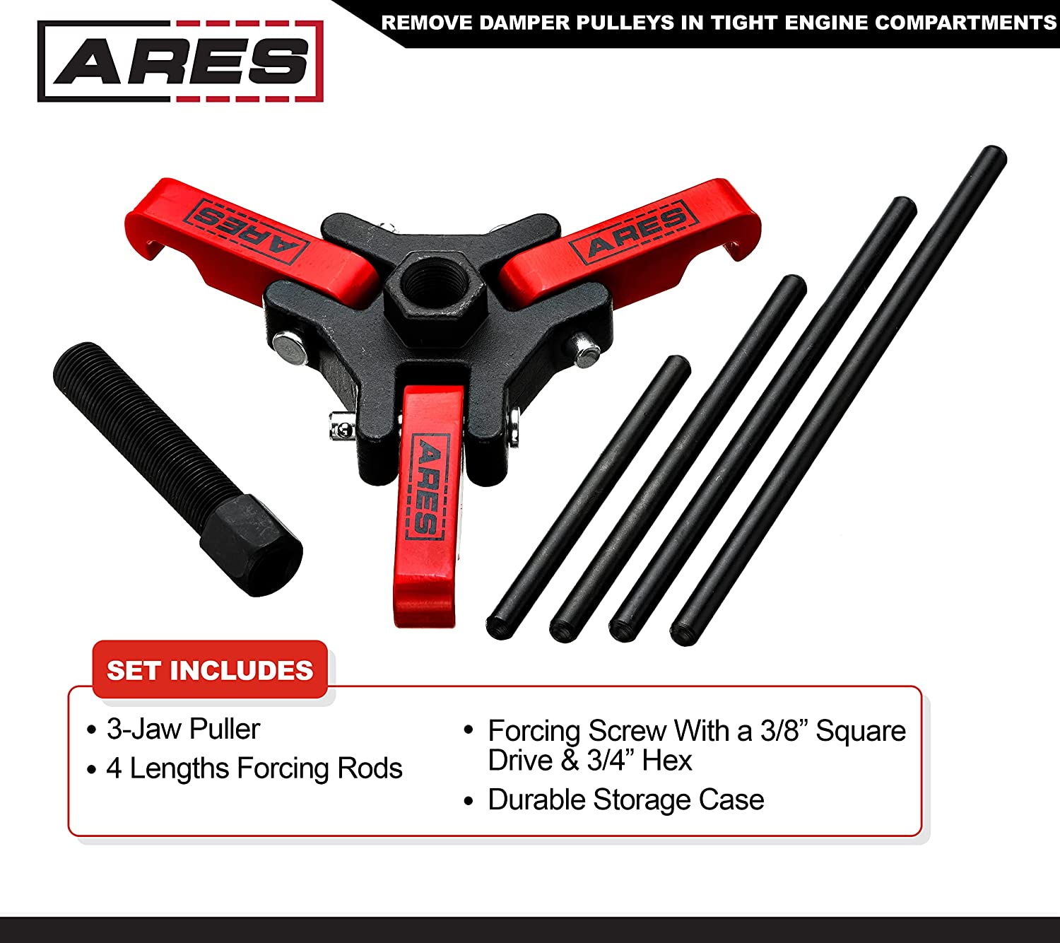 ARES 71002 - Harmonic Balancer Puller Set - Remove Damper Pulleys in Tight Engine Compartments Without Removing The Radiator - Storage Case Included