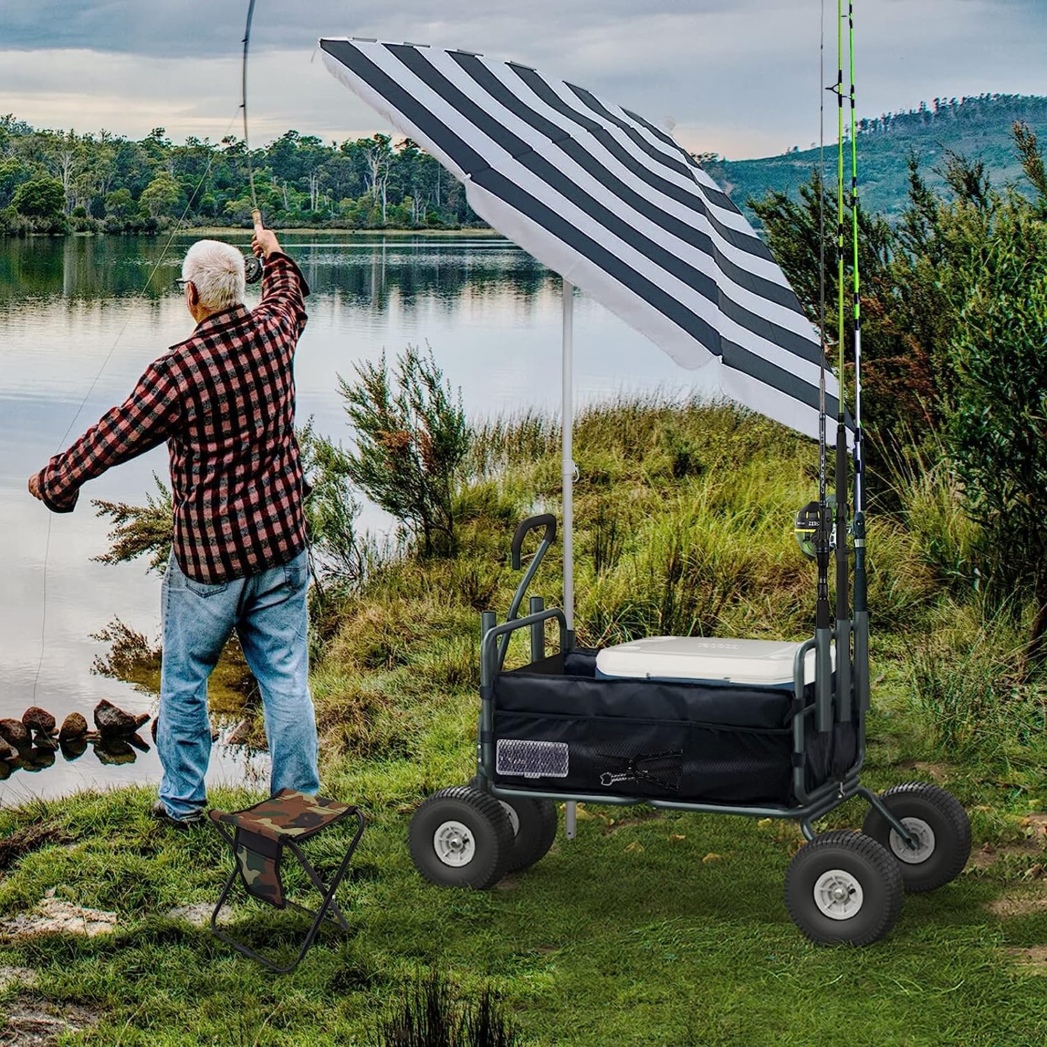 GDLF Fishing Cart Beach Carts Heavy Duty Foldable Collapsible Wagon with Big Wheels and Rod Holders 550 Pound Capacity 53.9″x26.4″x38.8″