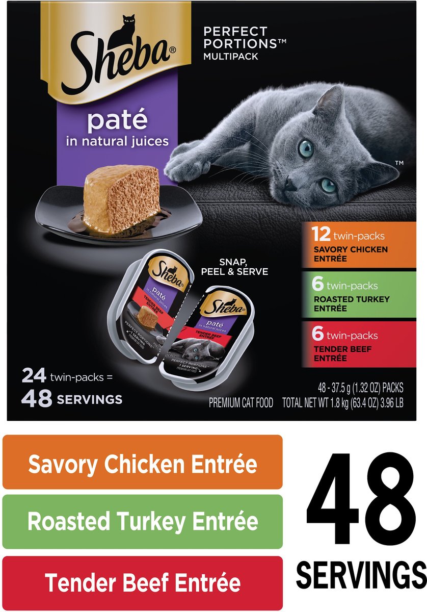 SHEBA Wet Cat Food Pate Variety Pack. Savory Chicken. Roasted Turkey. and Tender Beef Entrees. (24) 2.6 oz. PERFECT PORTIONS Twin Pack Trays